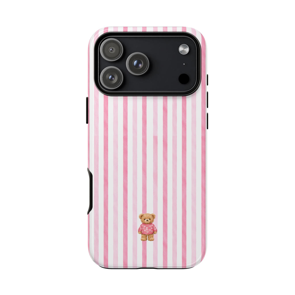 Pink striped phone case with mini teddy bear on back and triple camera opening