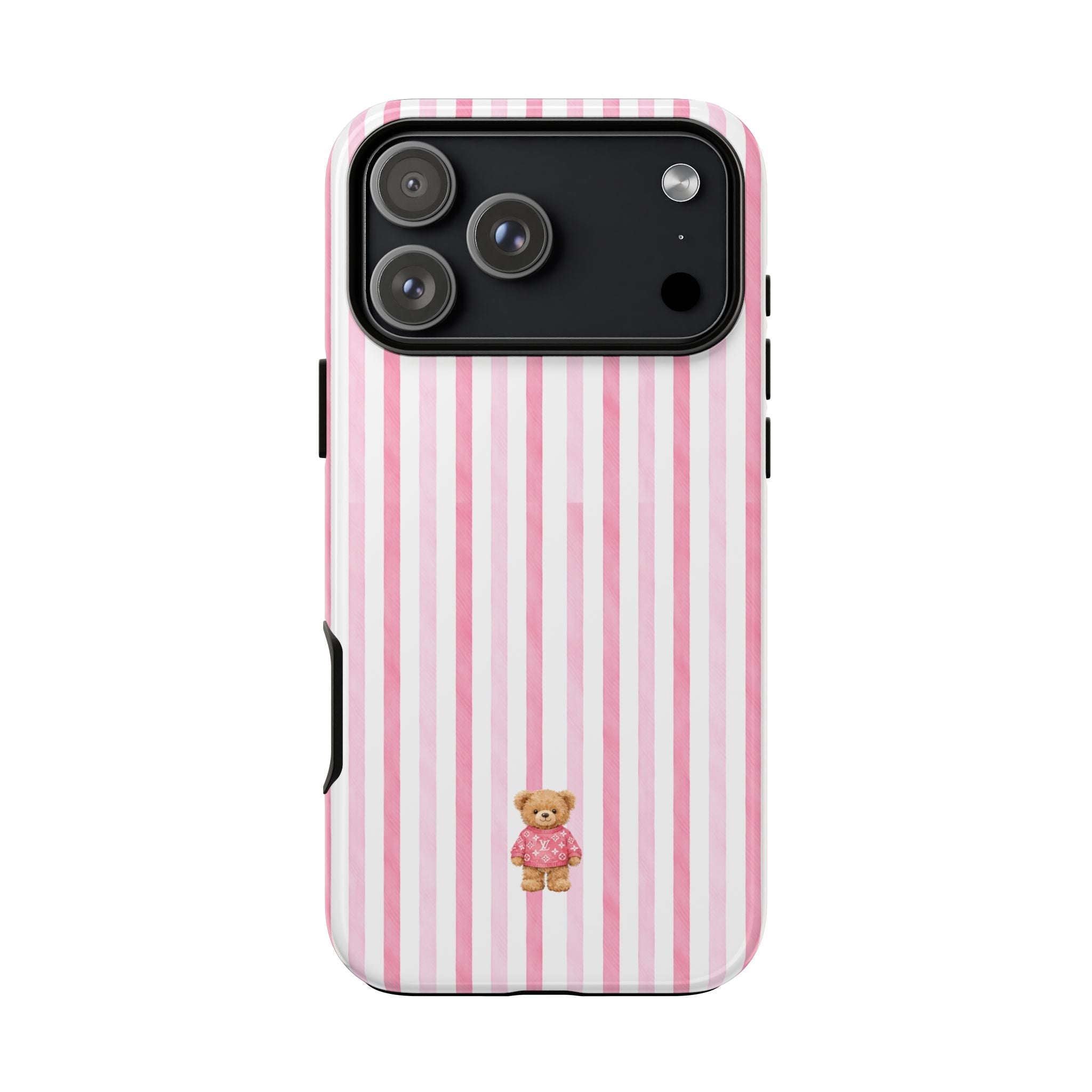 Pink striped phone case with mini teddy bear on back and triple camera opening