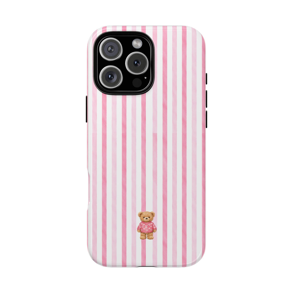 Pink striped mini teddy bear phone case with centered bear patch and triple camera cutouts