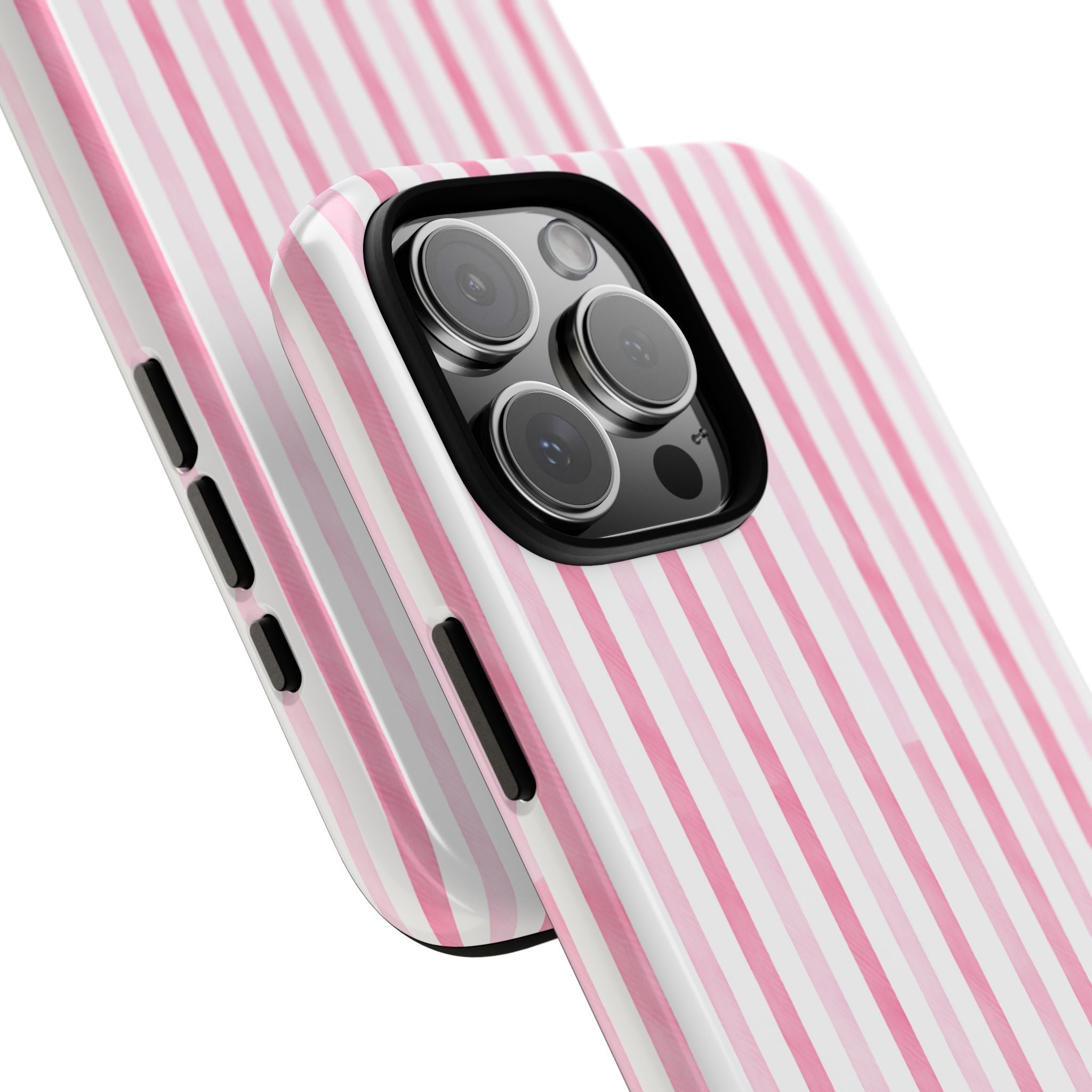 Pink striped phone case with teddy bear detail; angled view shows side buttons and triple camera