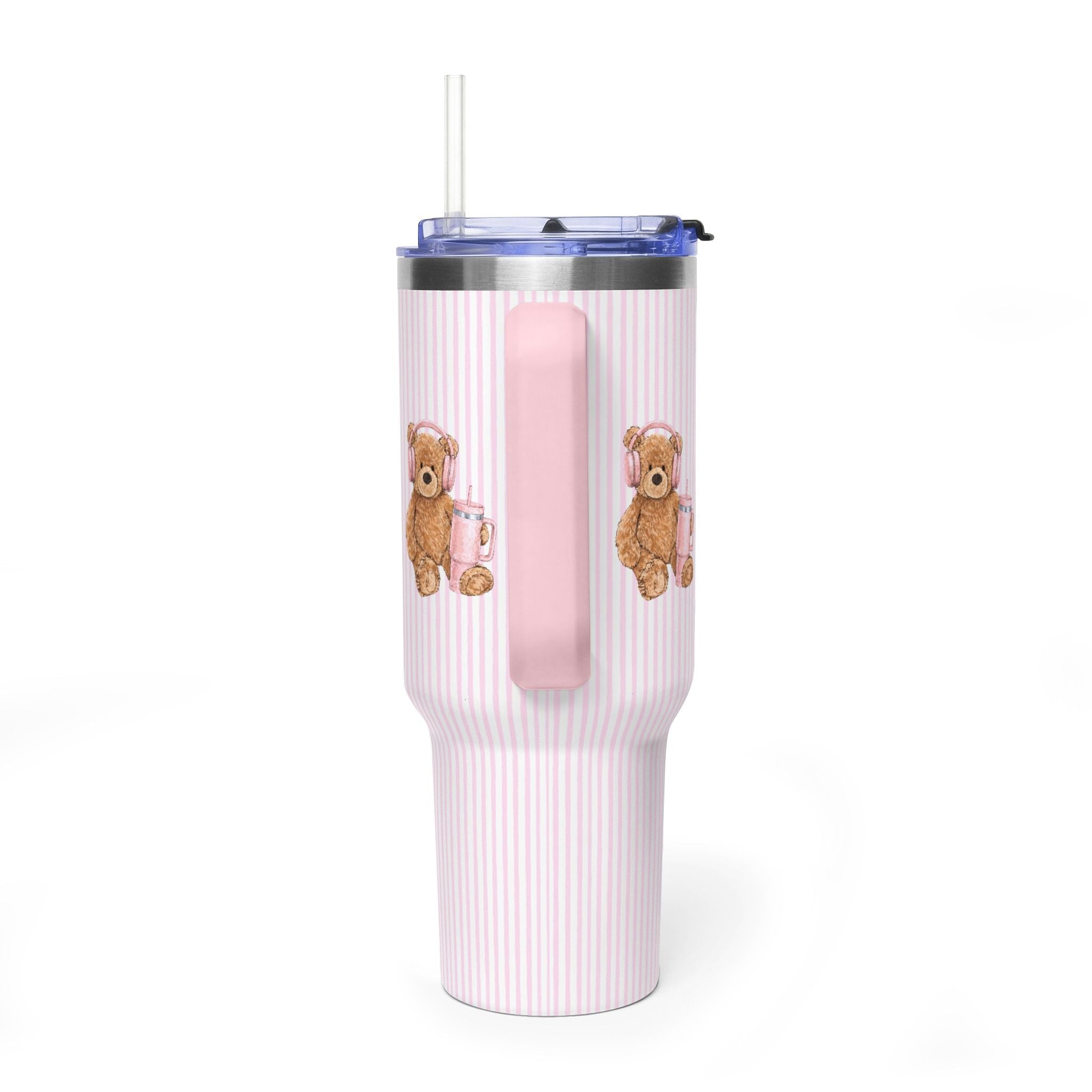 40oz tumbler back view: pink stripe pattern, teddy bears on sides, pink center panel