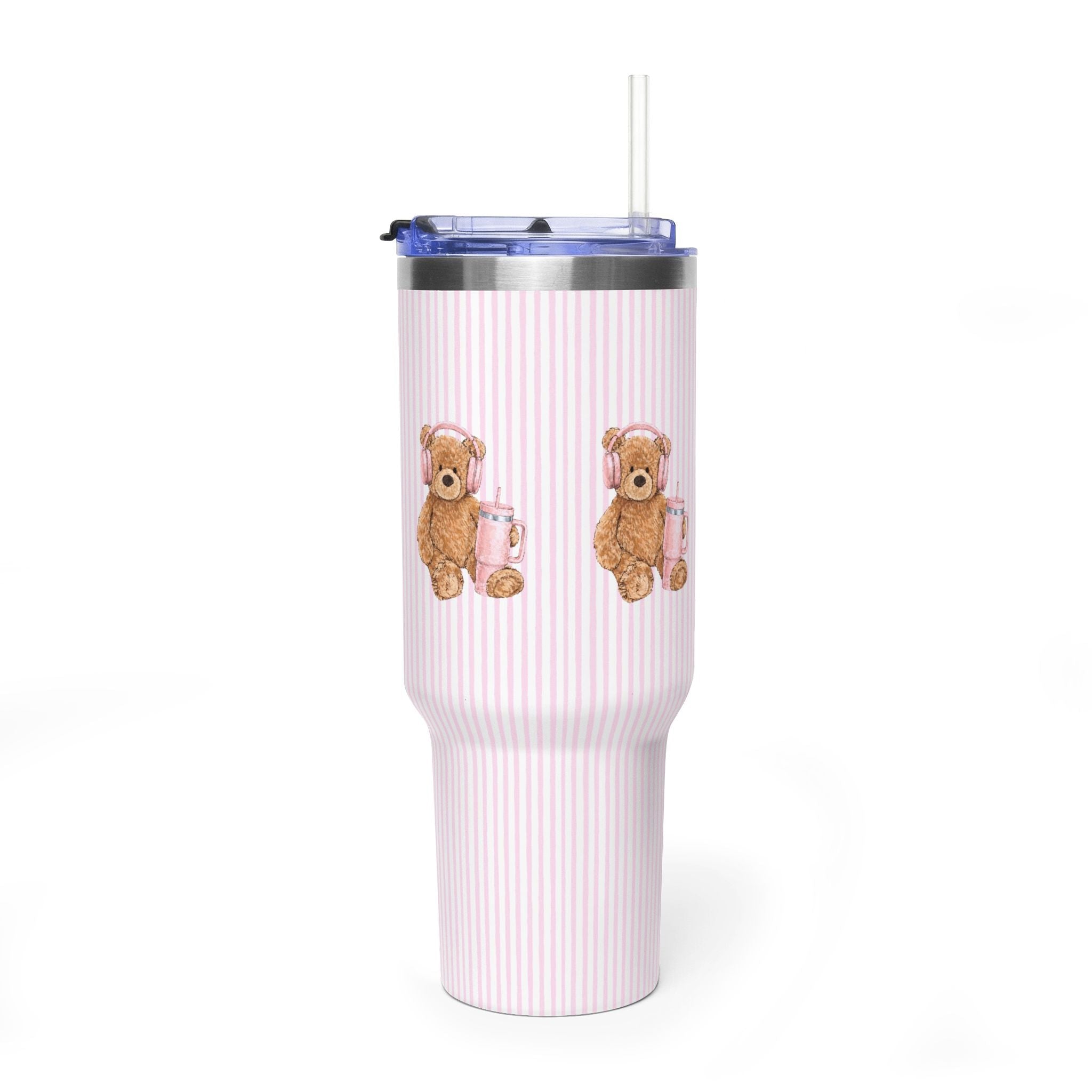 40oz tumbler front view: pink striped print with two teddy bear characters and clear straw