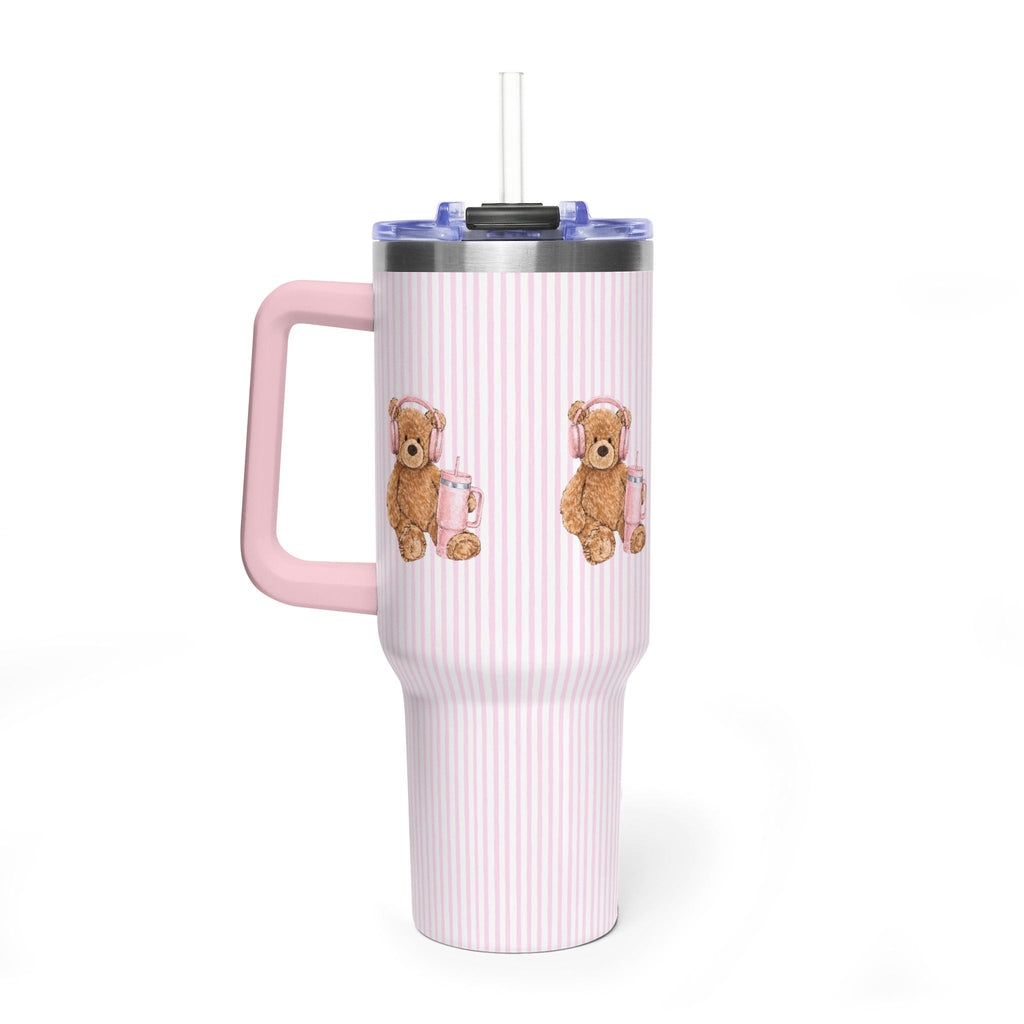 40oz tumbler side view with pink handle, pink vertical stripes, teddy bear graphic, straw lid