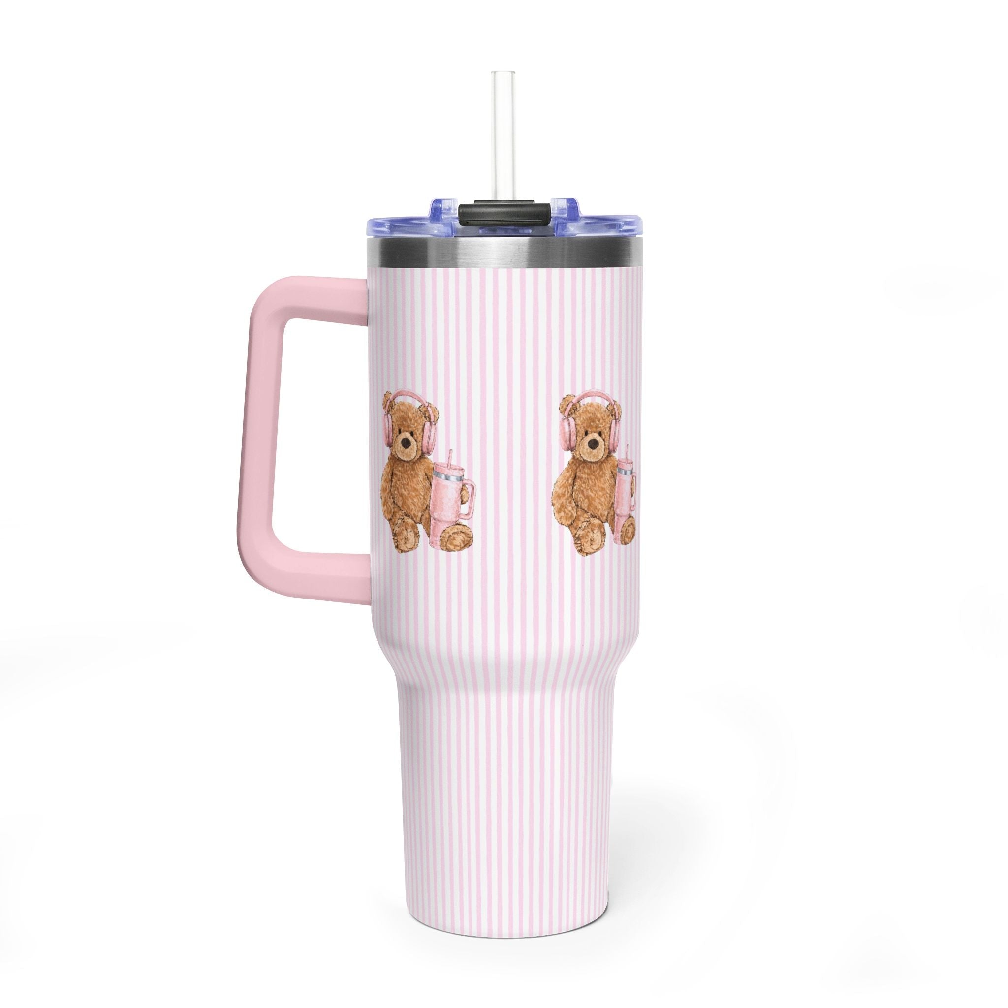 40oz tumbler side view with pink handle, pink vertical stripes, teddy bear graphic, straw lid