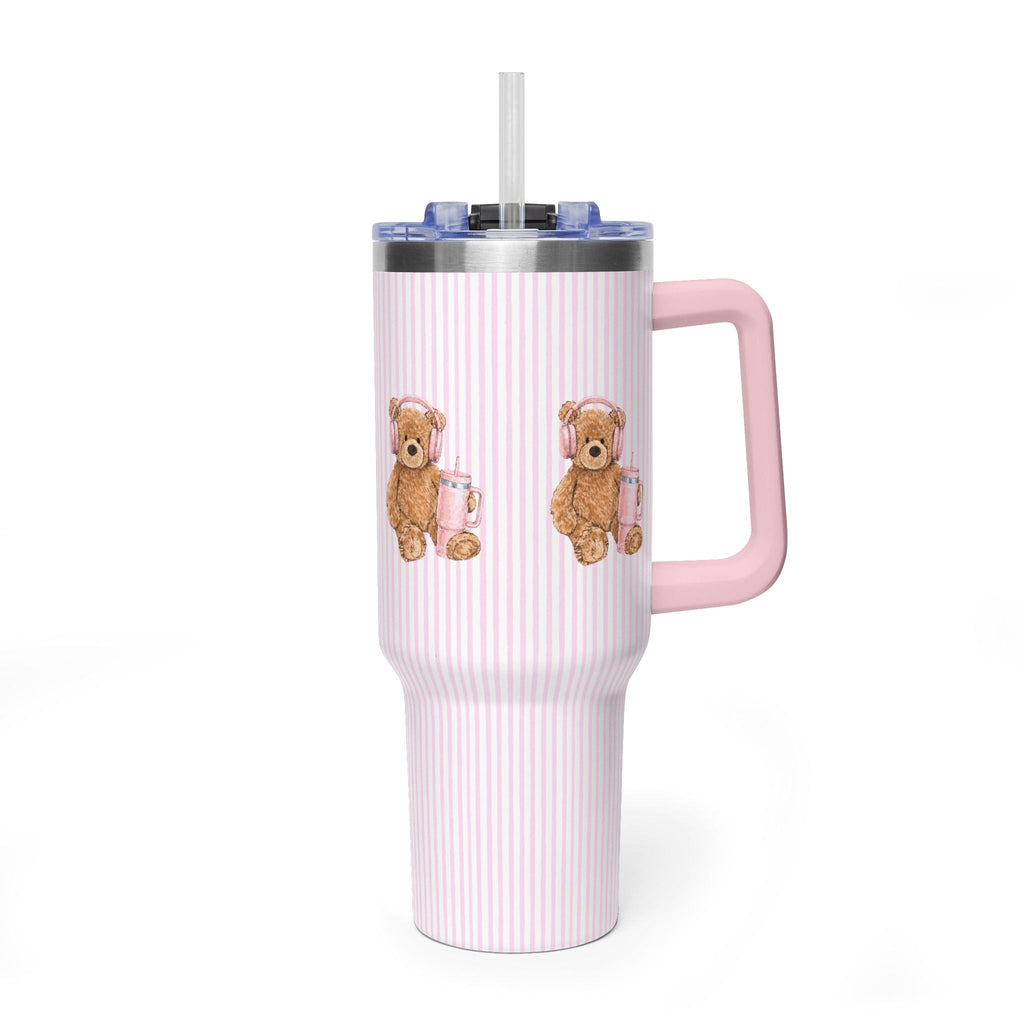 40oz stainless tumbler with pink vertical stripes, teddy bear graphic, and clear straw lid