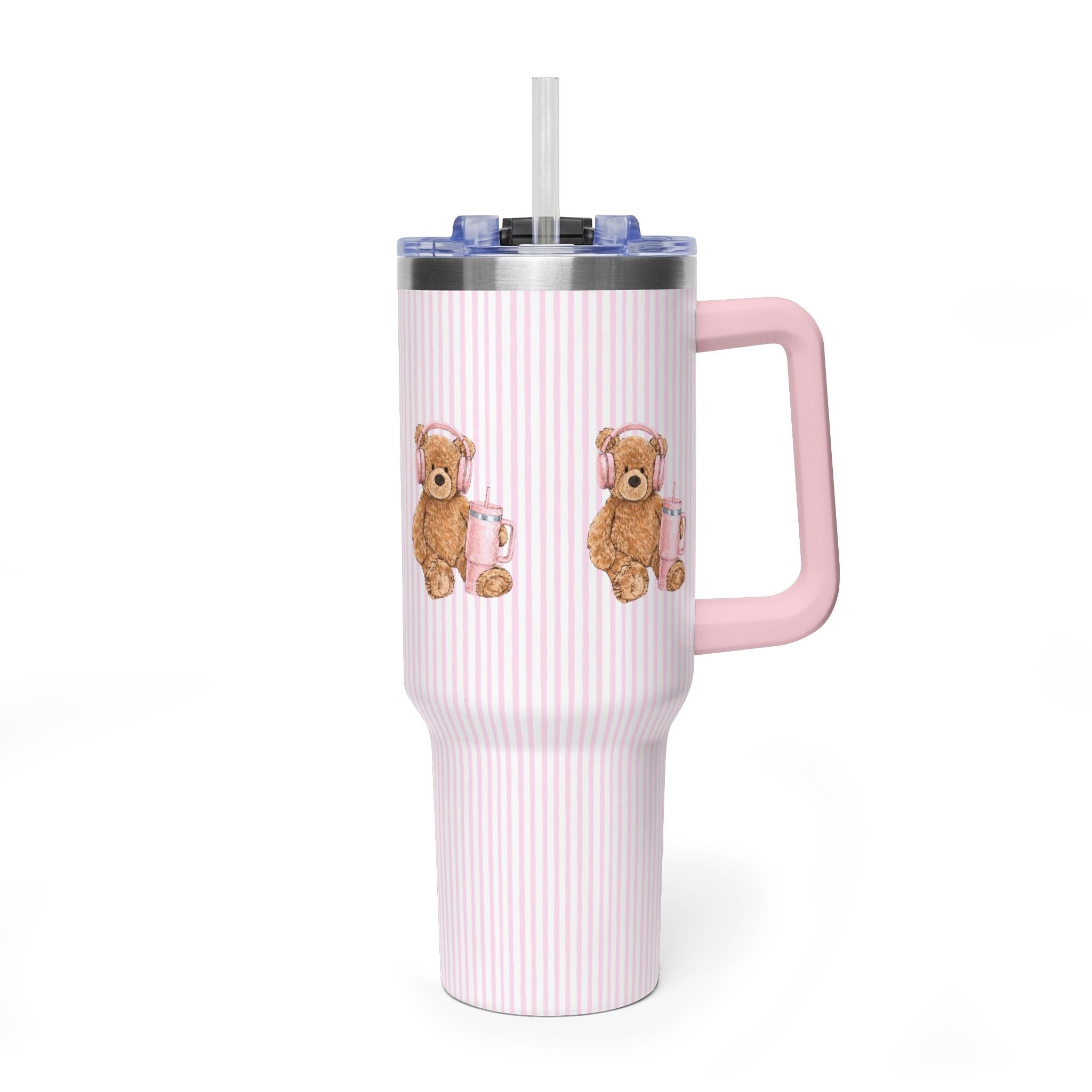40oz stainless tumbler with pink vertical stripes, teddy bear graphic, and clear straw lid