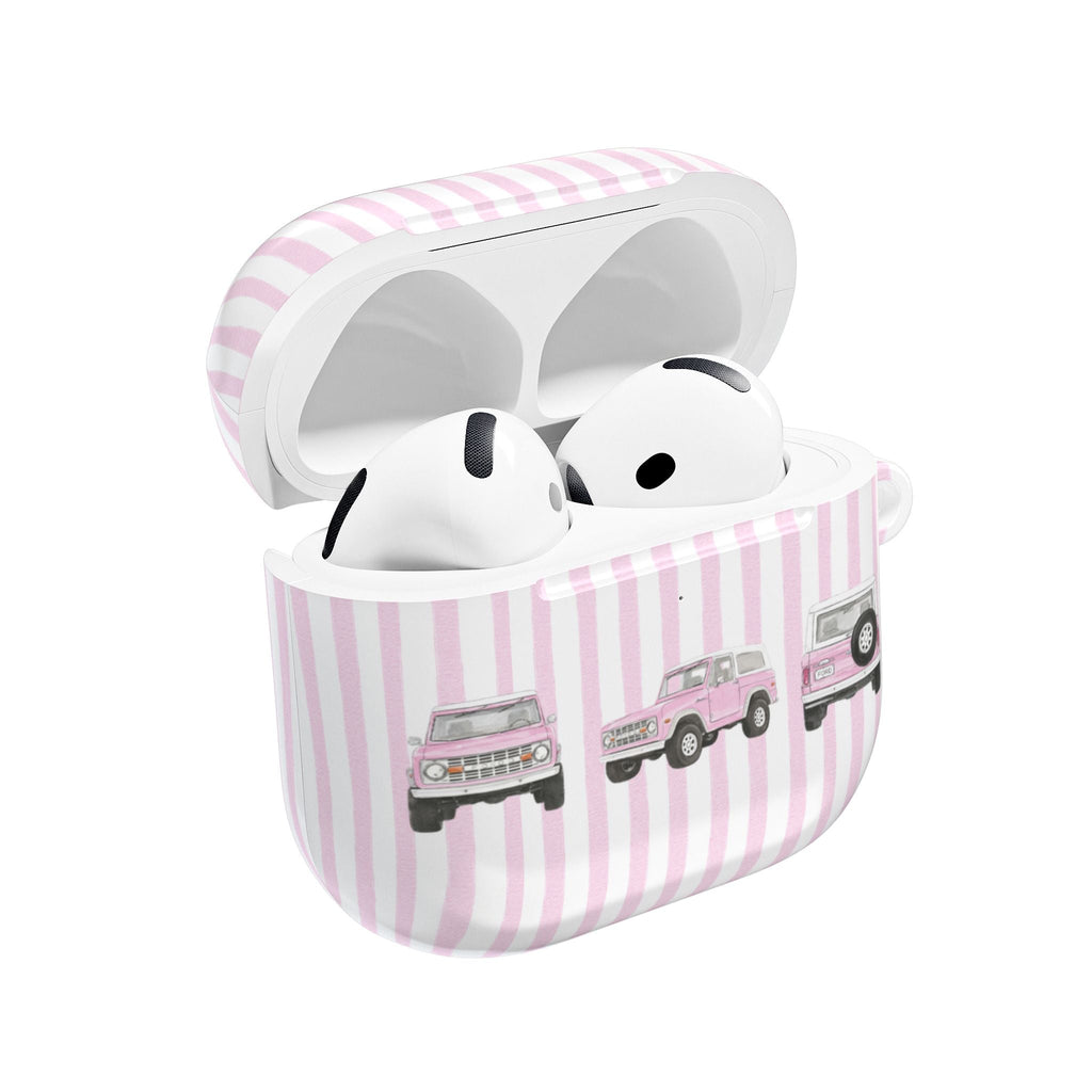 Pink striped AirPod case with pink vintage bronco graphic, open for earbuds