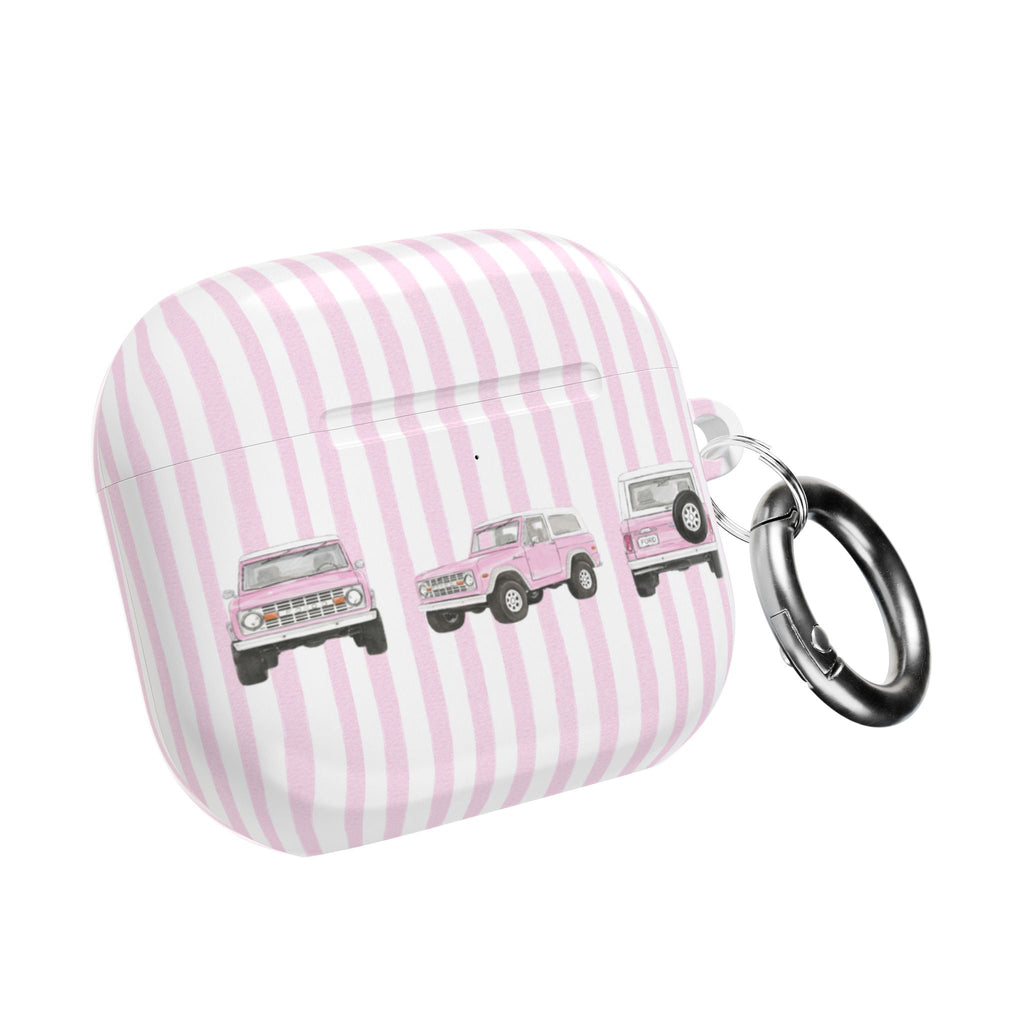 Pink striped AirPod case with bronco truck graphics on side, keyring