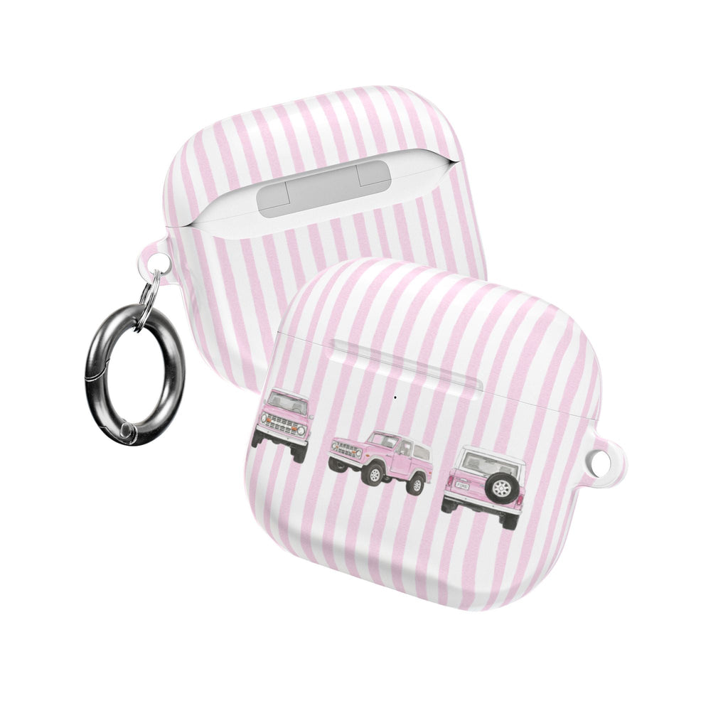 Pink striped AirPod case with vintage bronco design, keyring attached