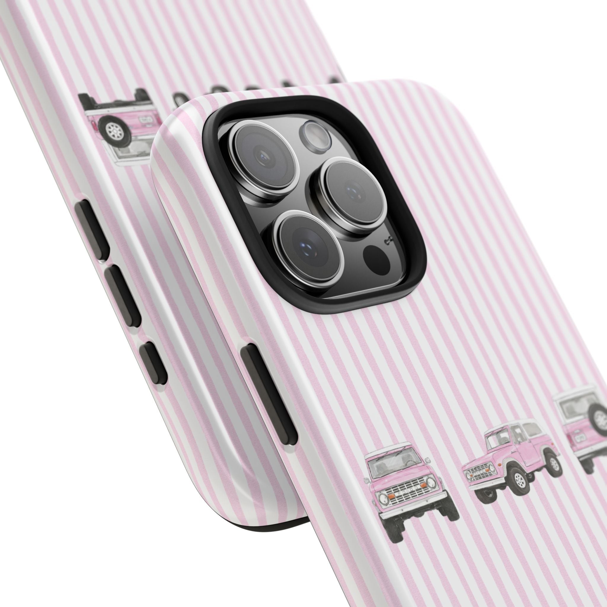 Pink striped phone case with vintage bronco decals and raised camera cutout