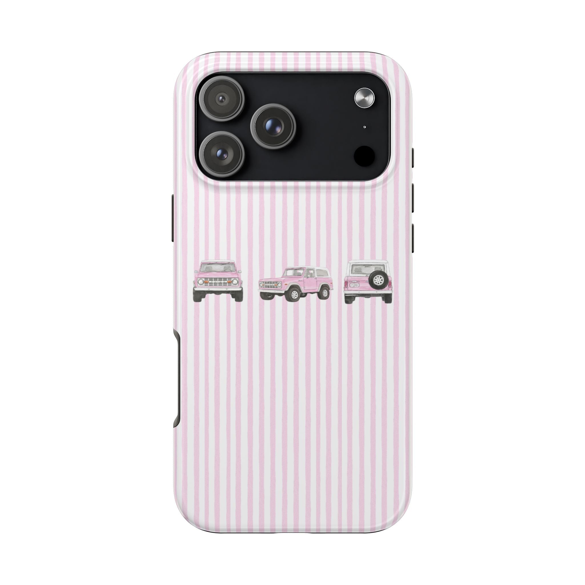 Pink-and-white striped phone case with vintage bronco car print across the back
