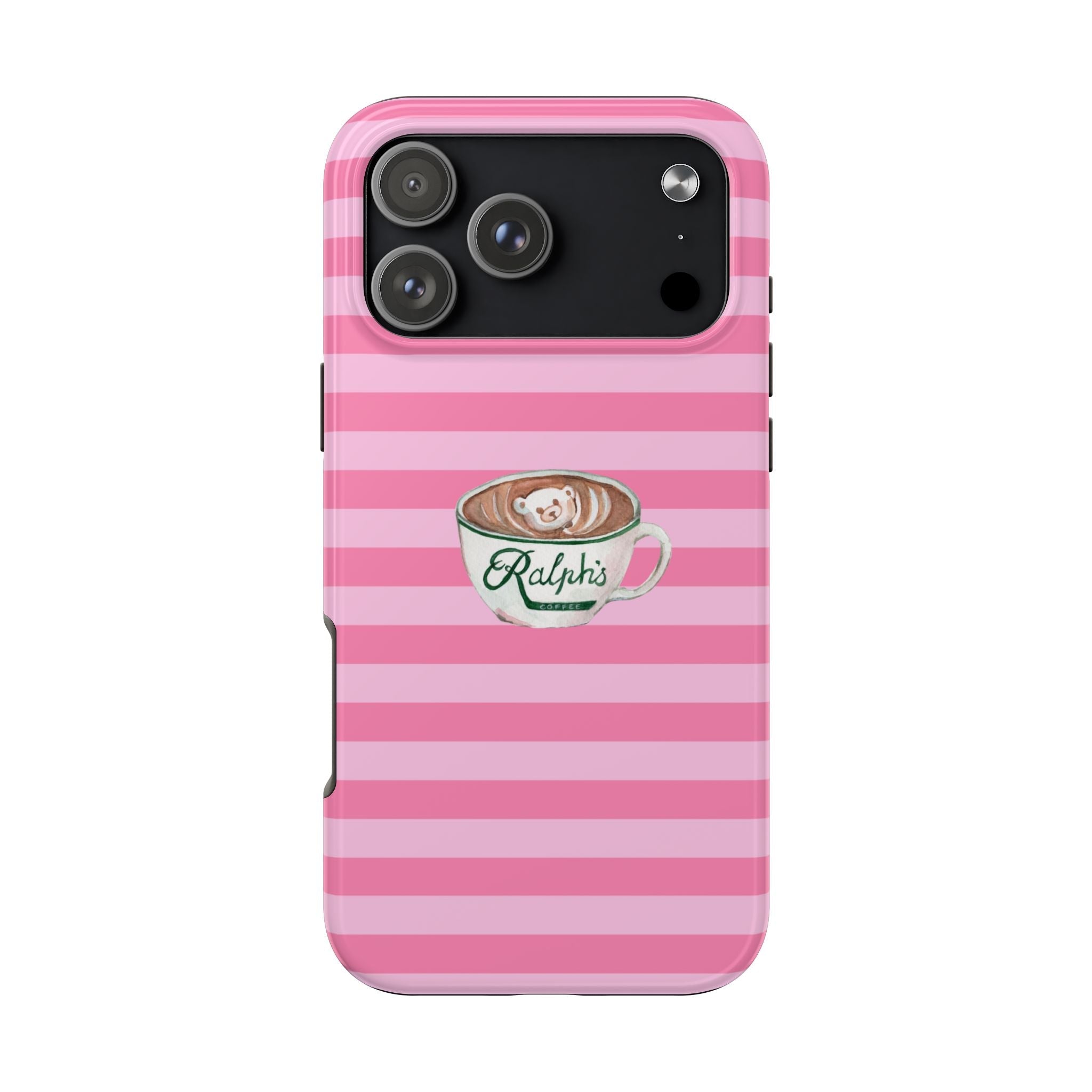 Pink striped phone case with coffee bear mug logo; camera cutouts visible