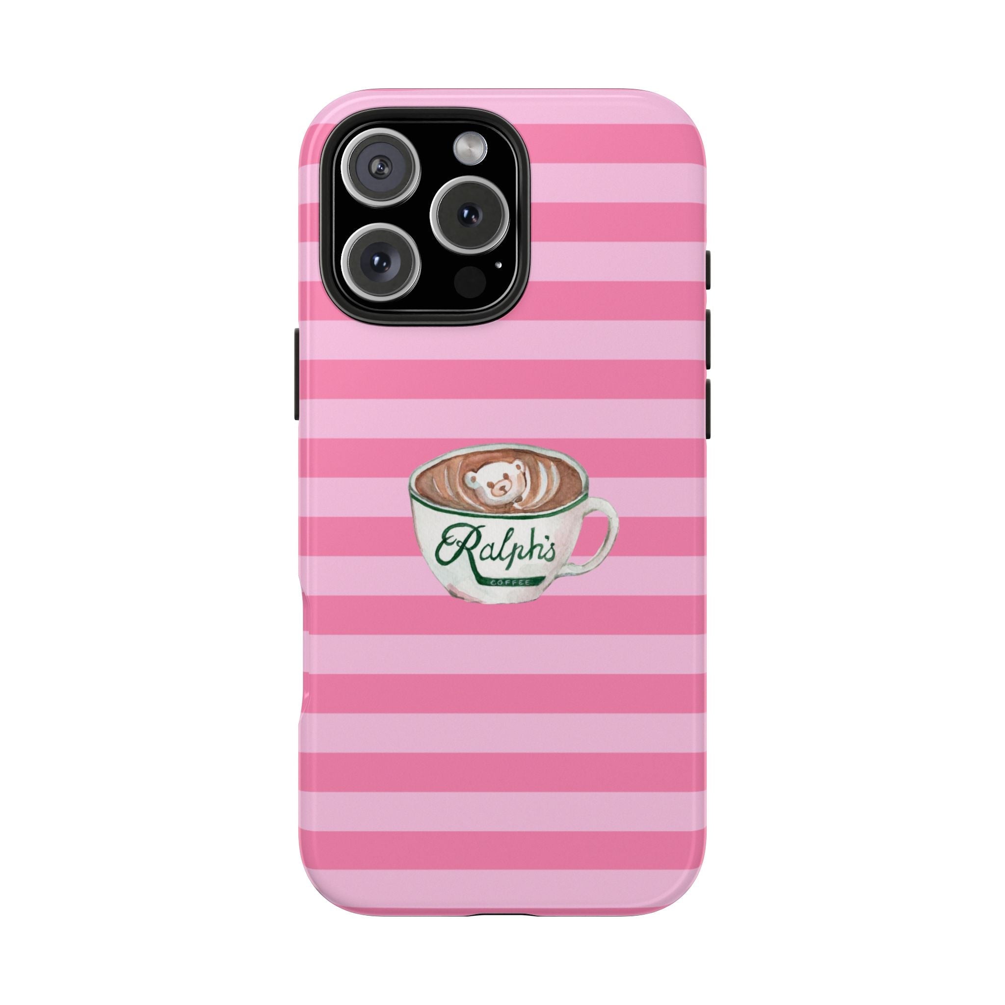 Pink striped phone case with coffee bear mug emblem centered; camera lenses on back