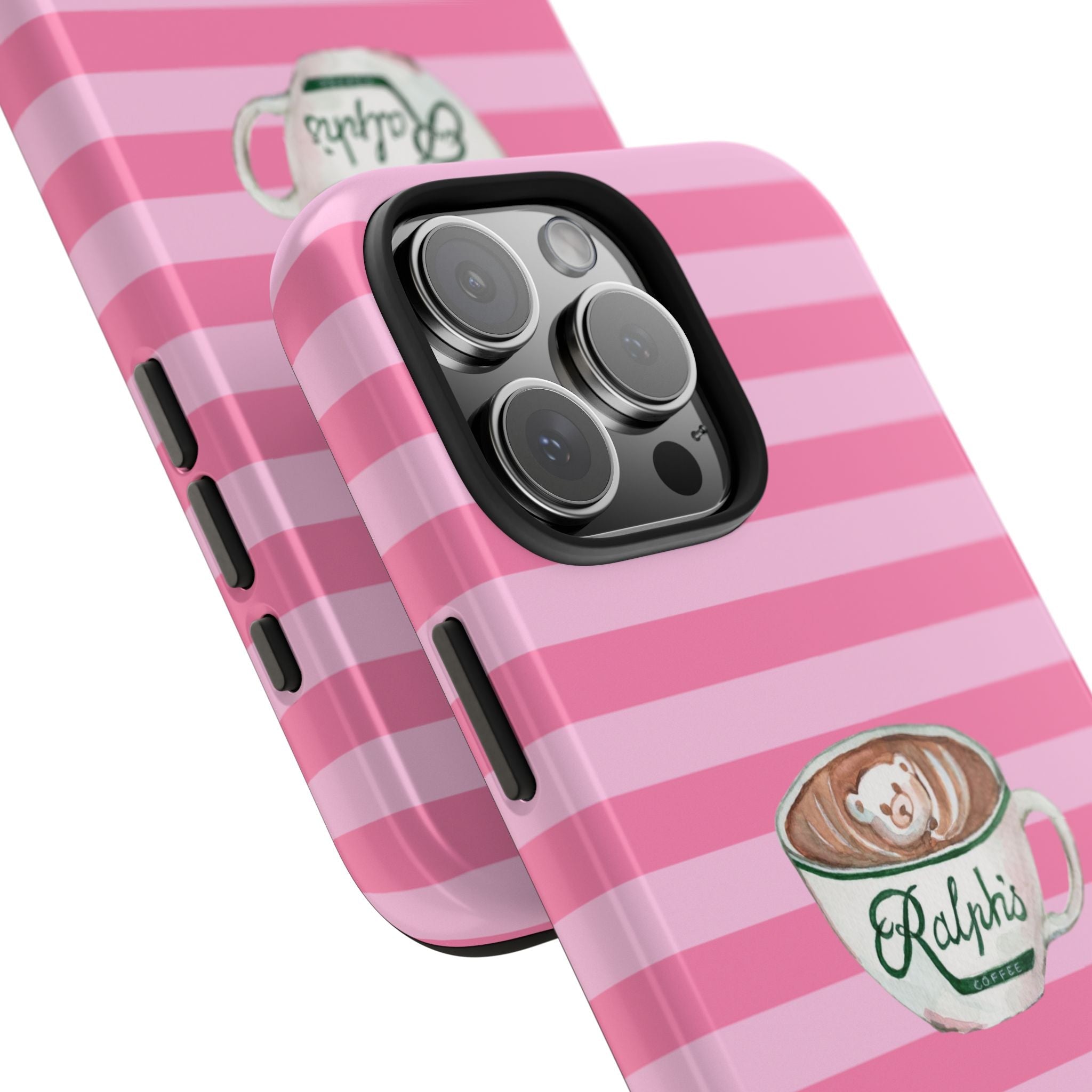 Pink striped phone case with coffee bear mug design; side buttons and camera lenses