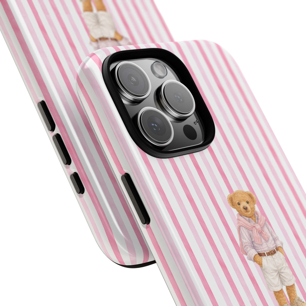 Pink striped phone case, teddy bear graphic on back; raised camera lenses and side buttons