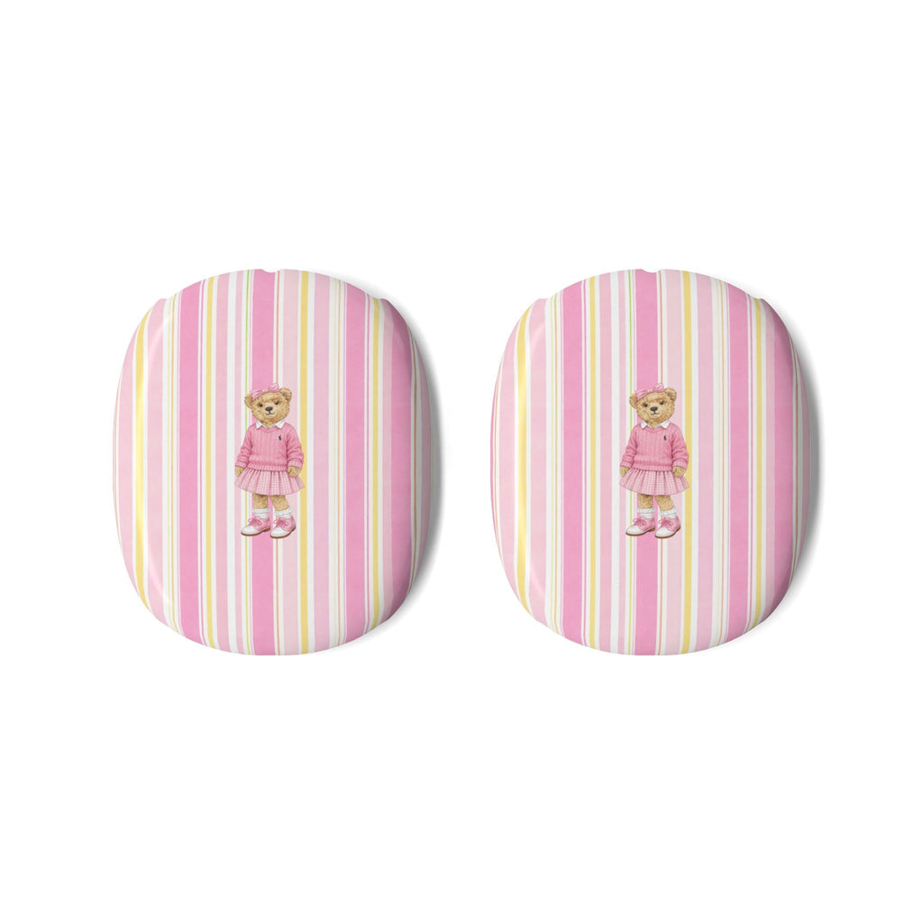 Pair of AirPods Max case covers, pink vertical stripes with teddy bear figure