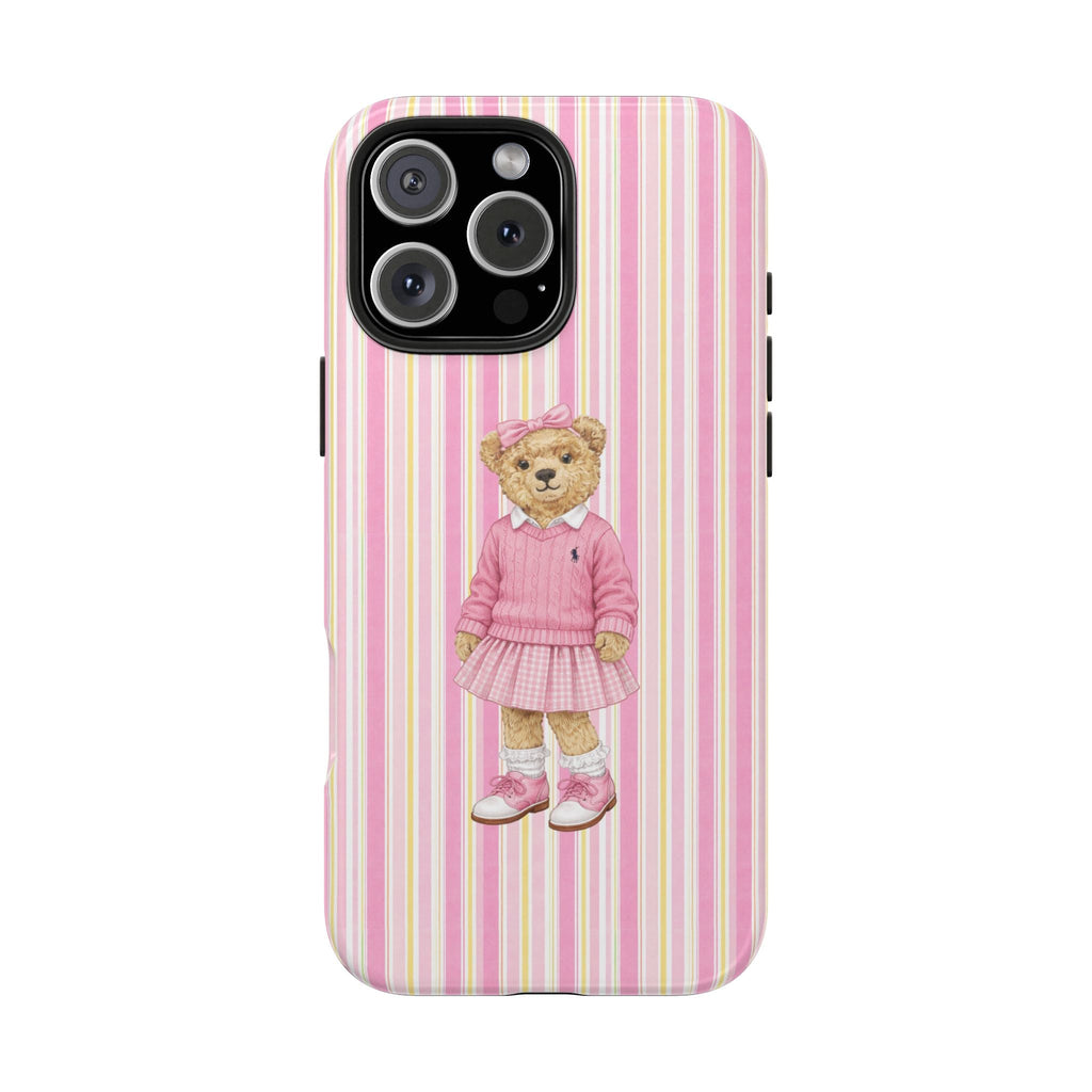 Front view of pink striped phone case with teddy bear girl motif in pink outfit