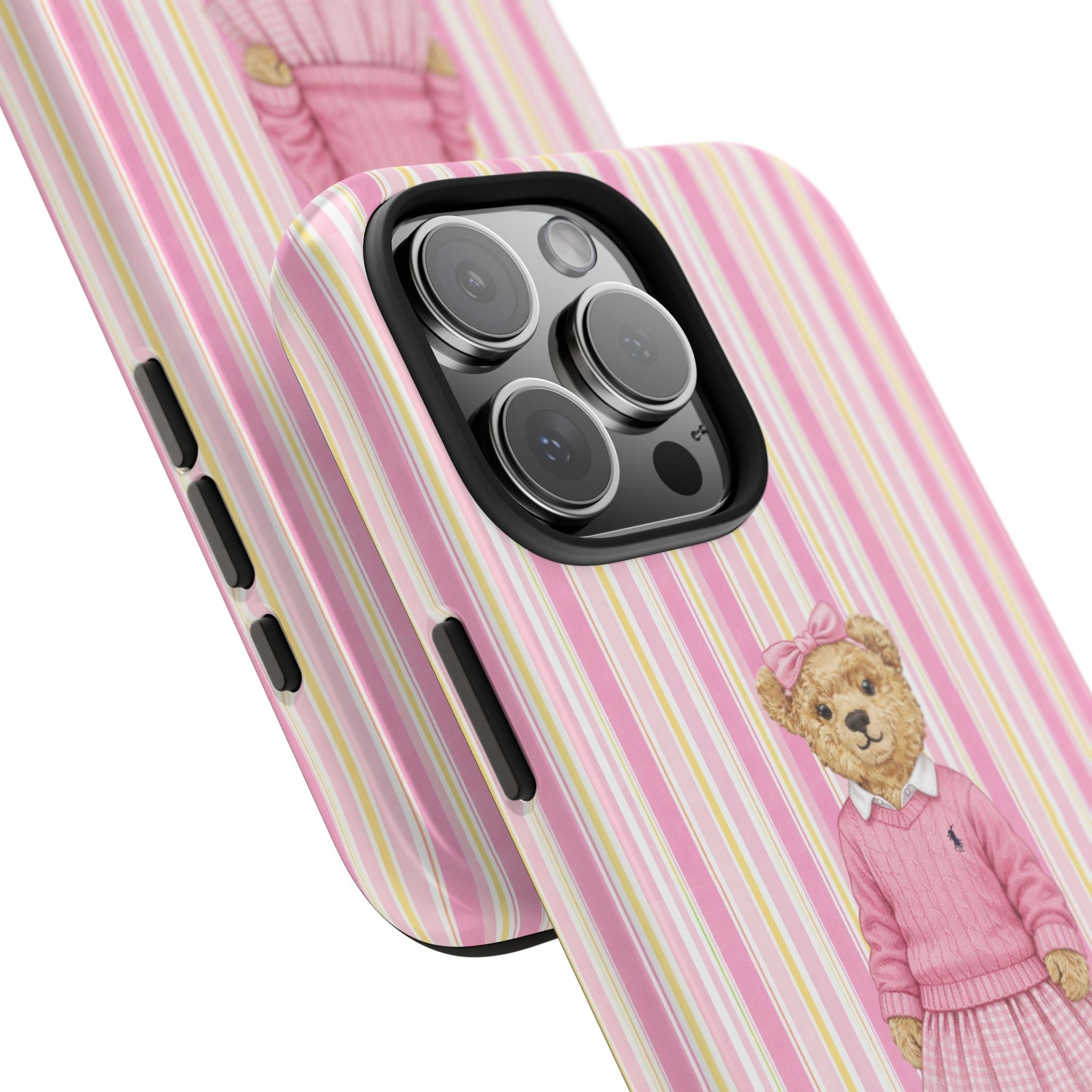 Side angle pink striped phone case with teddy bear girl and raised camera lens frame