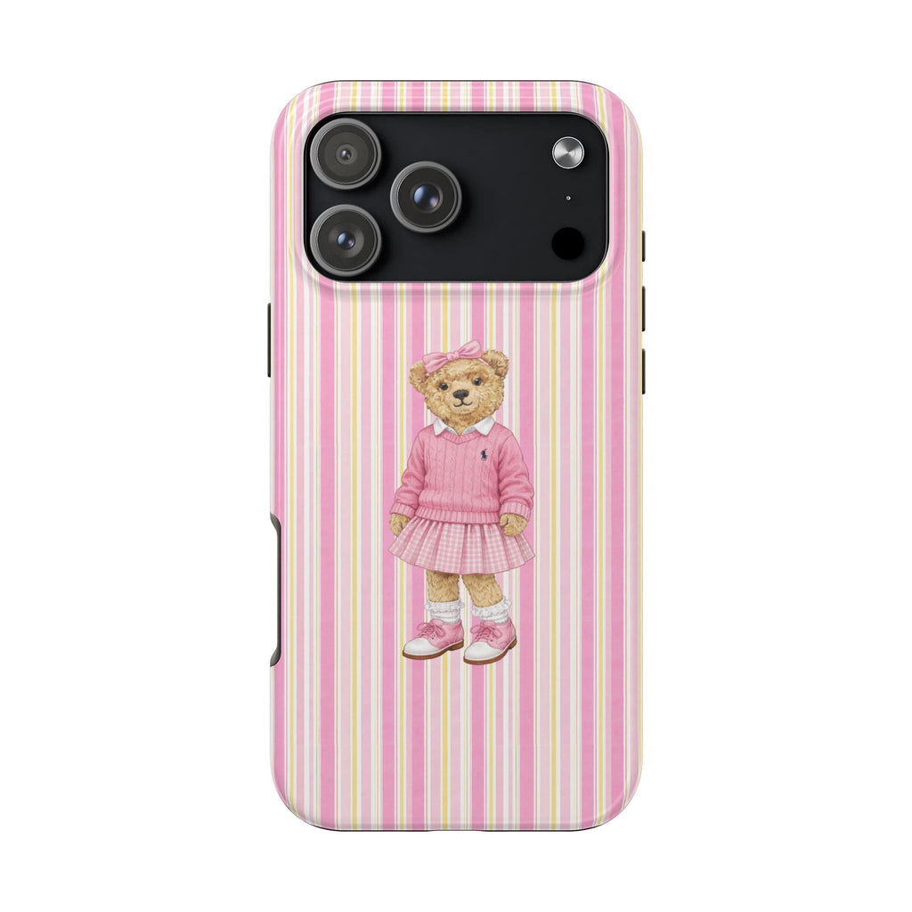 Pink striped phone case with teddy bear girl in pink dress and bow, camera cutouts