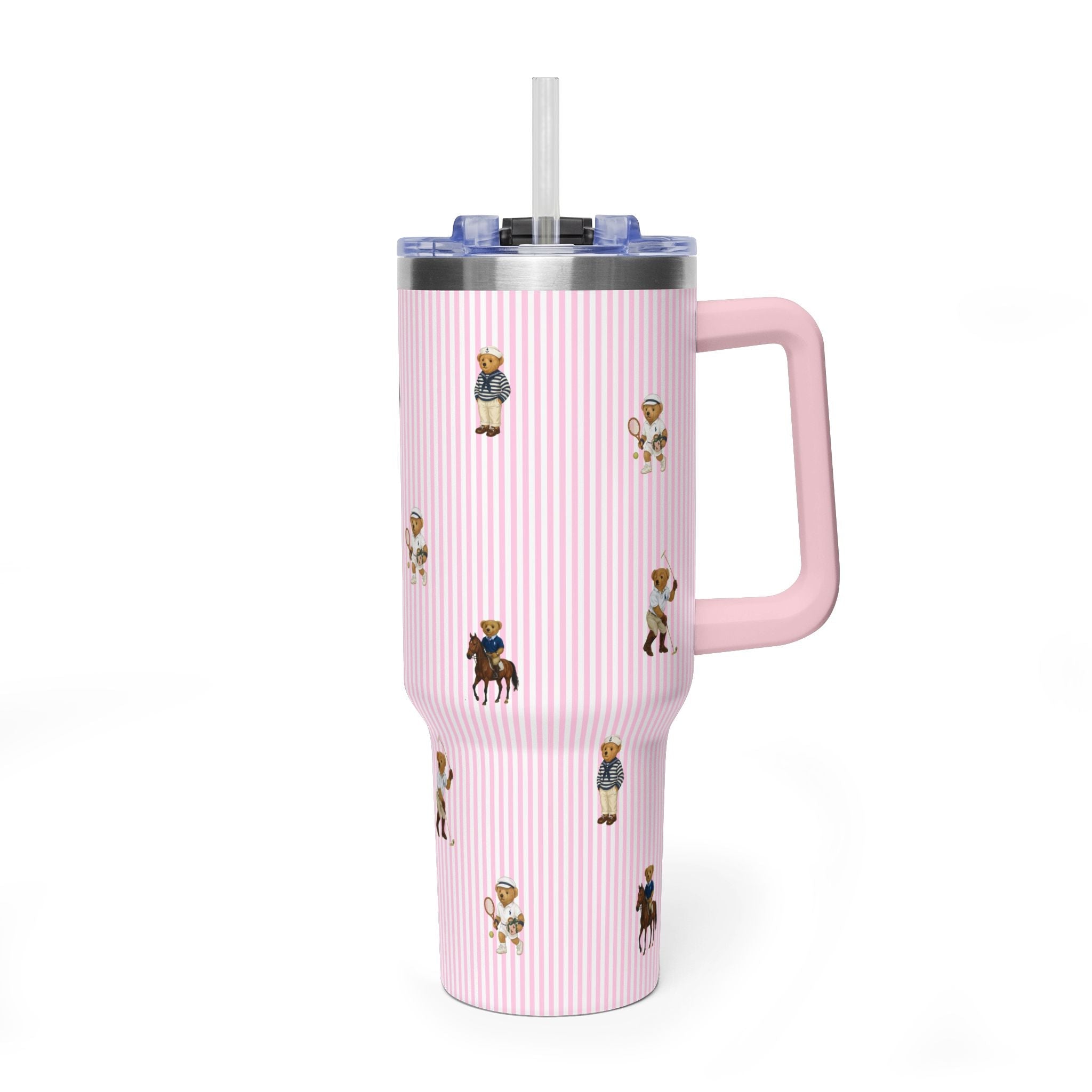 Pink striped 40oz tumbler, teddy bear prints, straw lid
