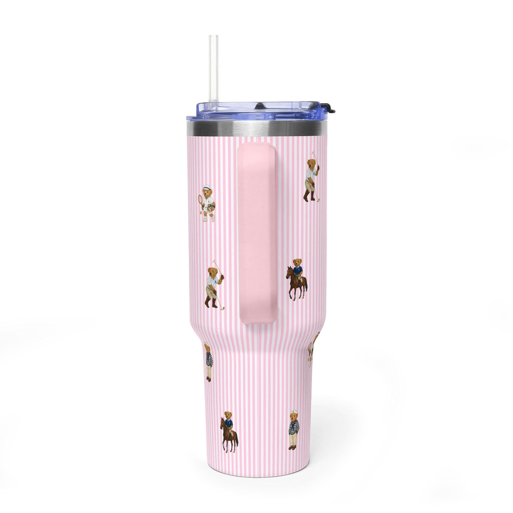 Pink striped 40oz tumbler with teddy bear prints, clear sipping panel, straw
