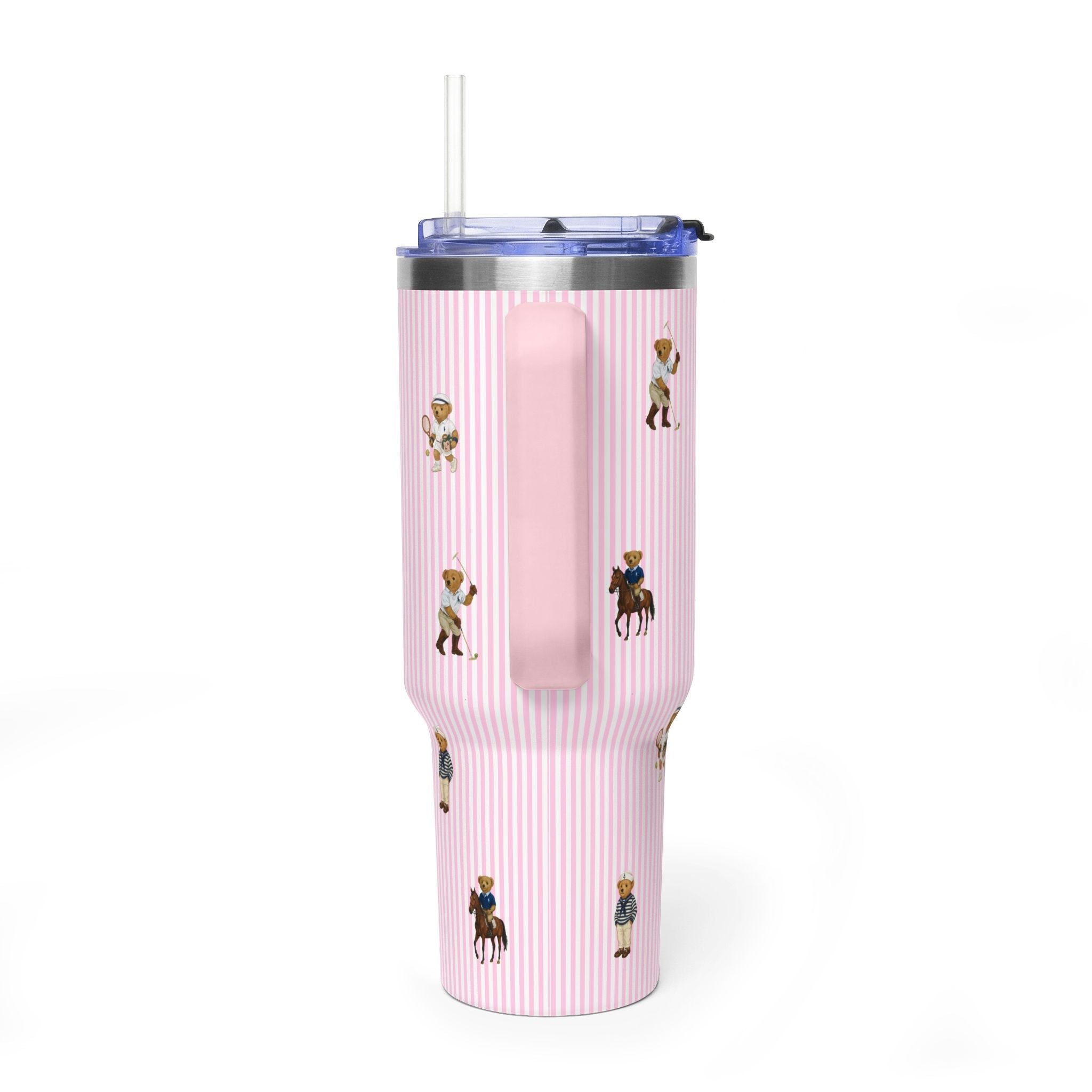 Pink striped 40oz tumbler with teddy bear prints, clear sipping panel, straw
