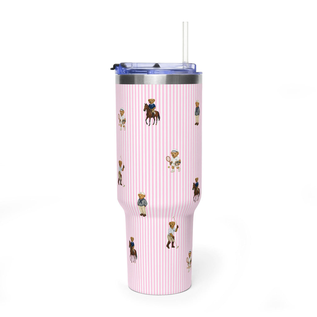 Pink striped 40oz tumbler with scattered teddy bear character prints, straw lid