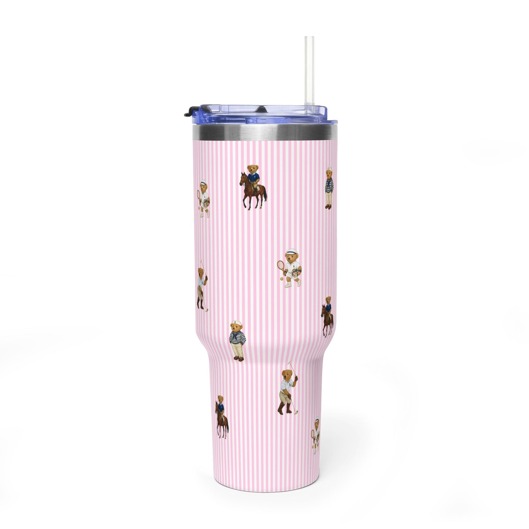 Pink striped 40oz tumbler with scattered teddy bear character prints, straw lid