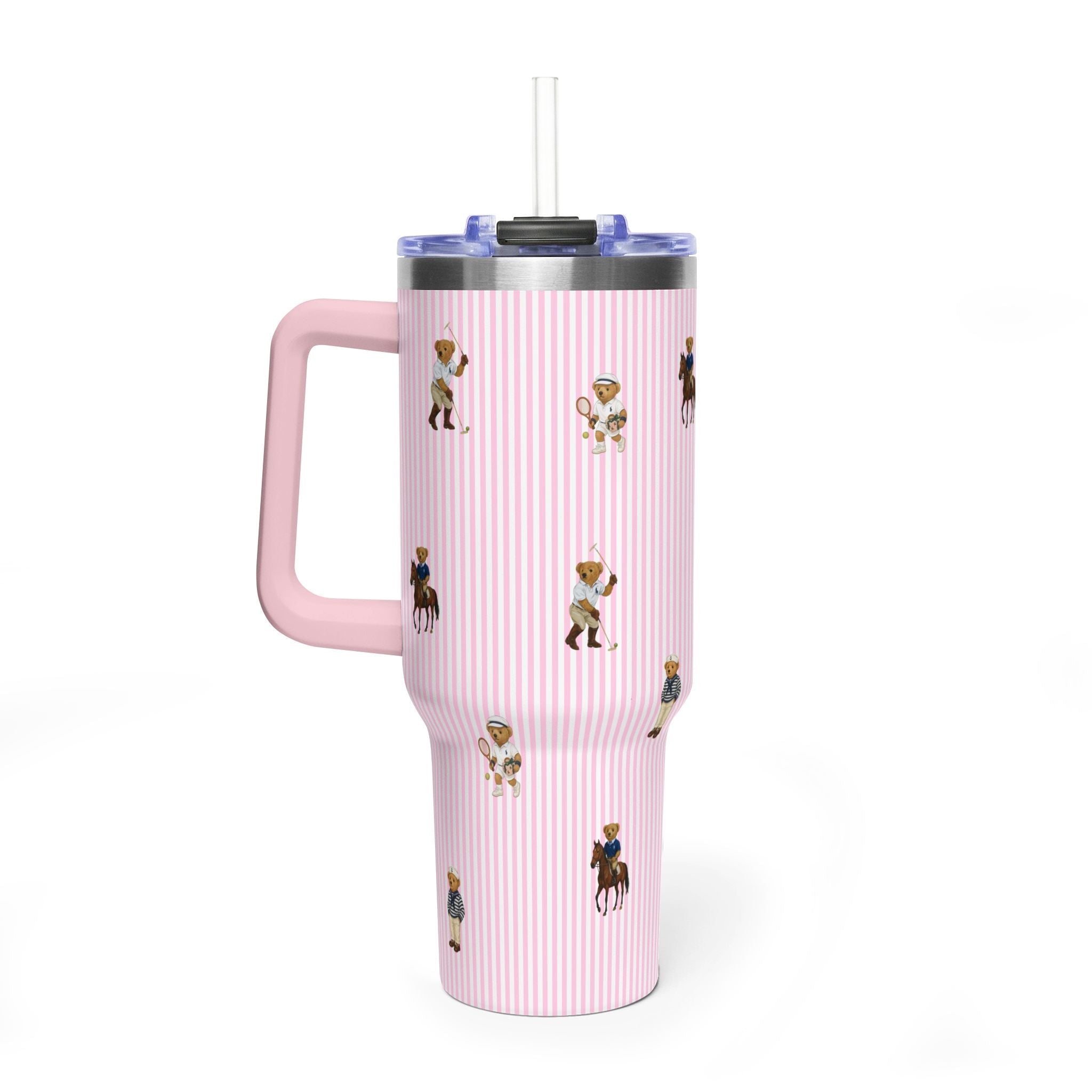 Pink striped 40oz tumbler with teddy bear prints, handle, straw lid