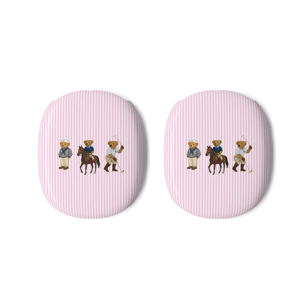 Two pink striped ear cup covers with teddy bear and dog character print