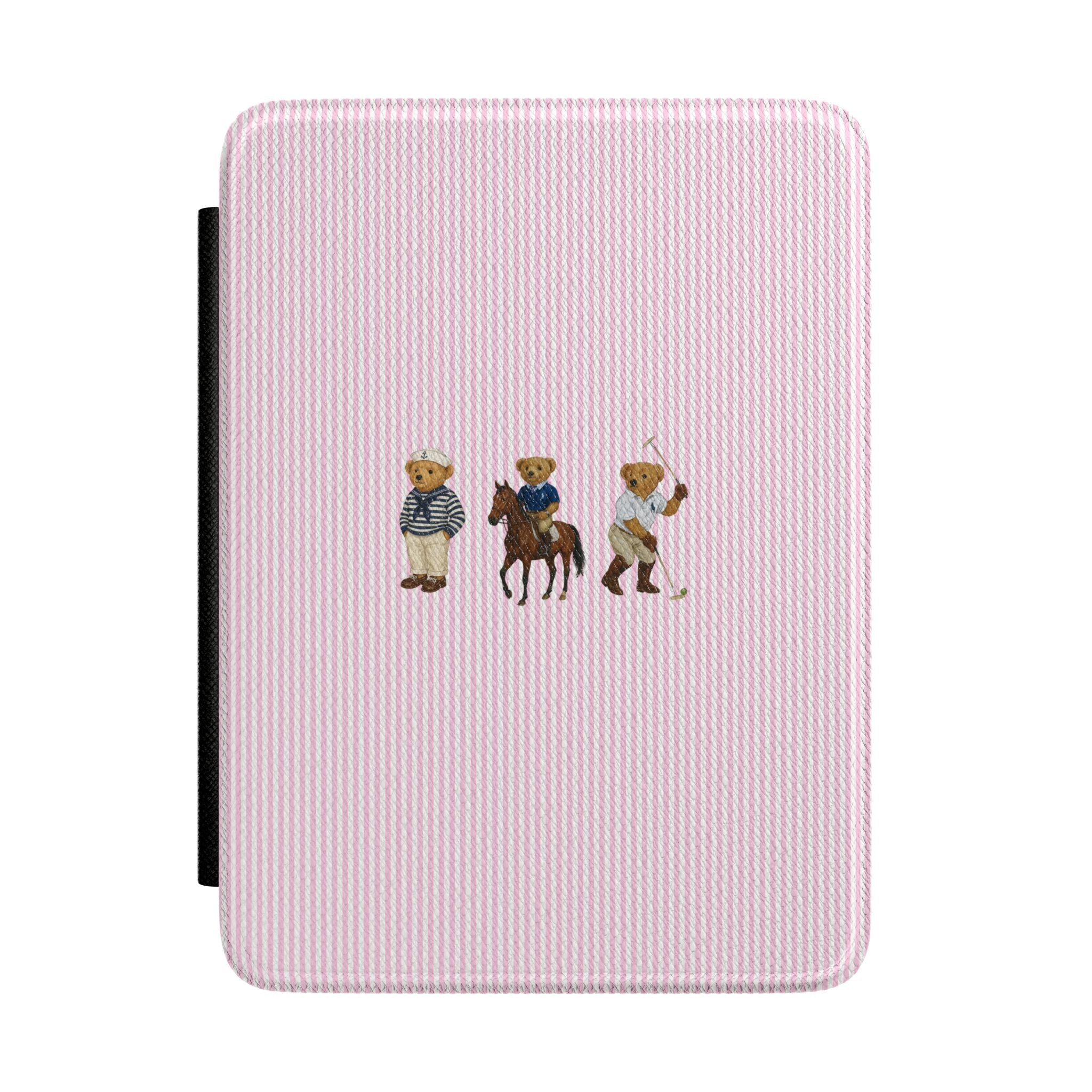 Pink striped hardcover Kindle case with three teddy bear appliqués