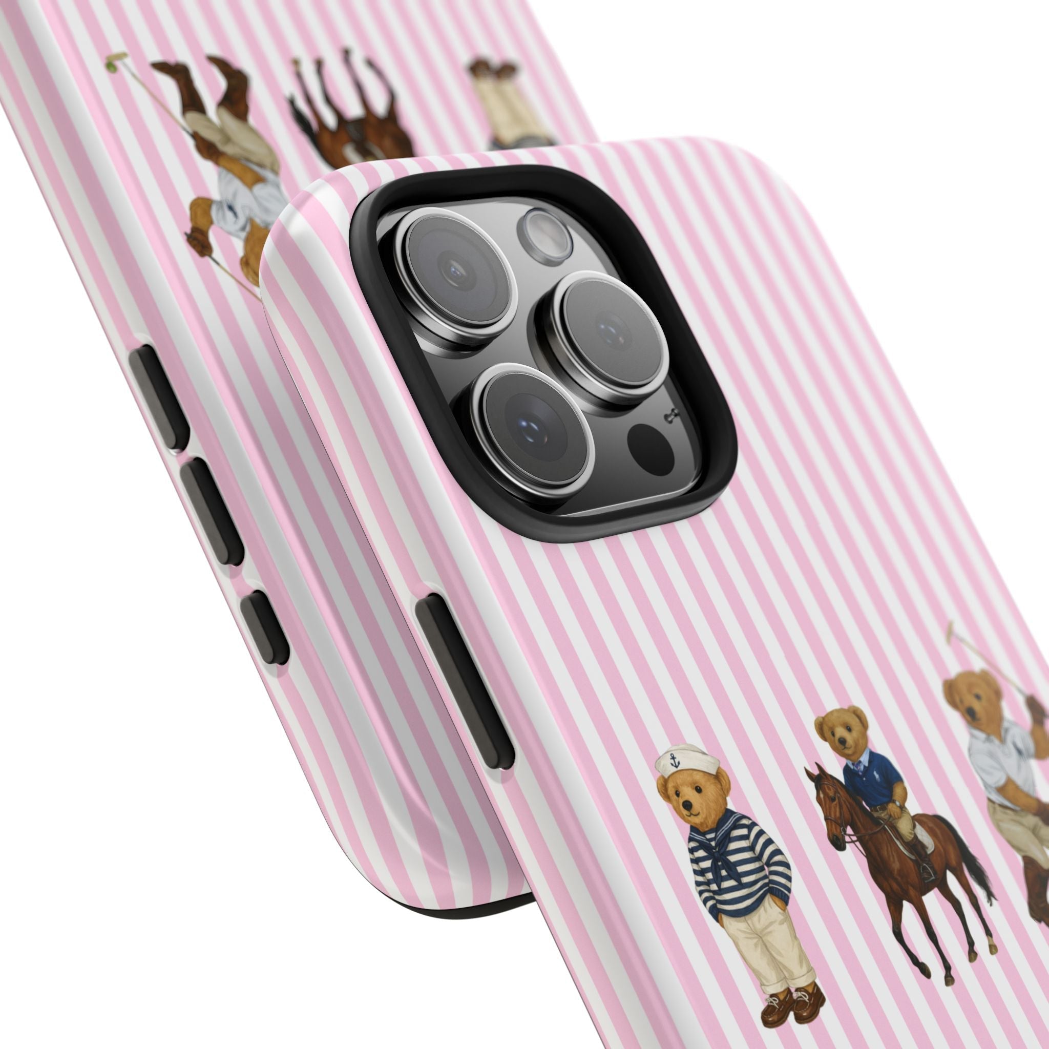Pink striped phone case angled view, teddy bear decals, and camera bump
