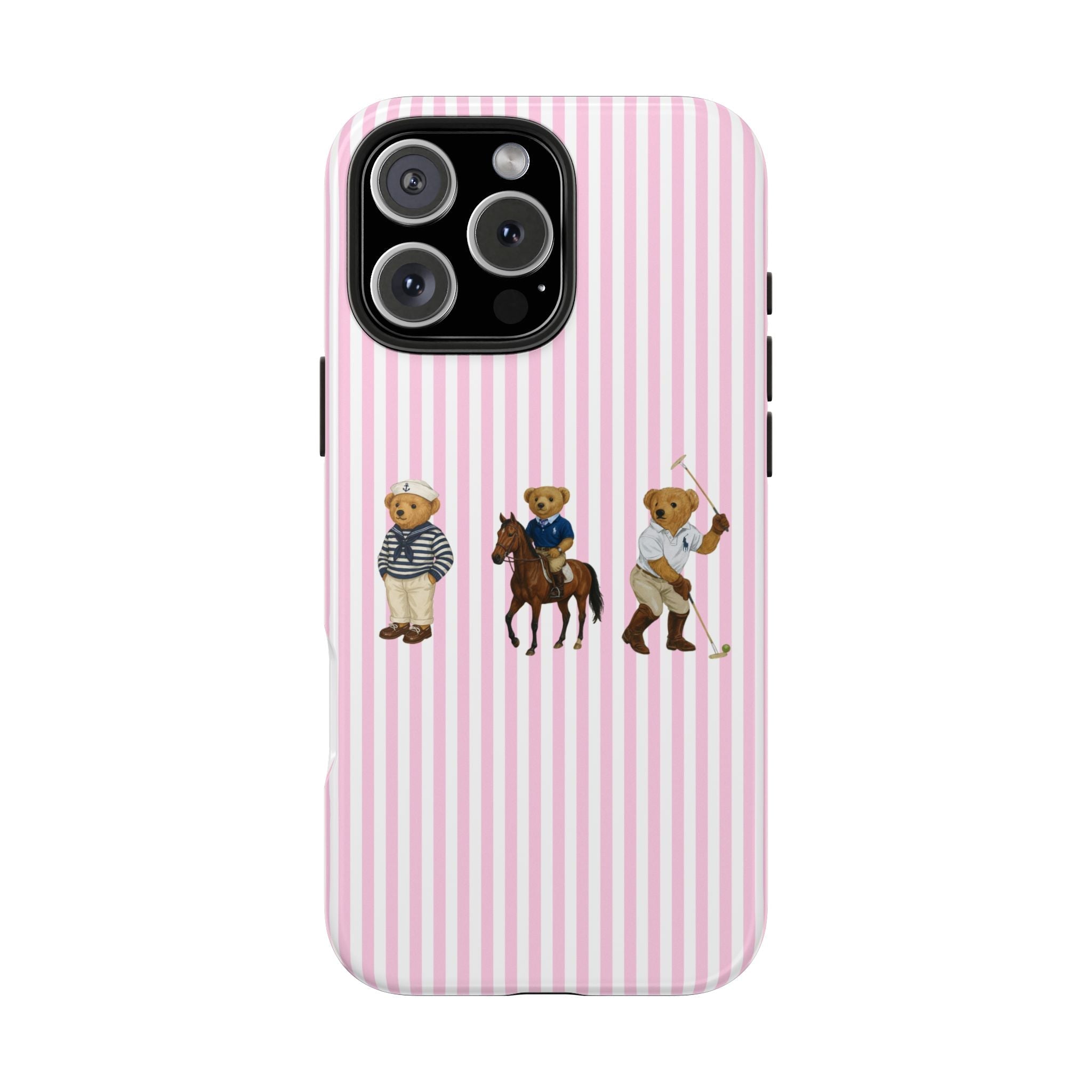 Pink striped phone case with teddy bears and rear camera lens cutouts