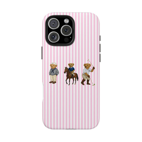 Pink striped phone case with teddy bears and rear camera lens cutouts