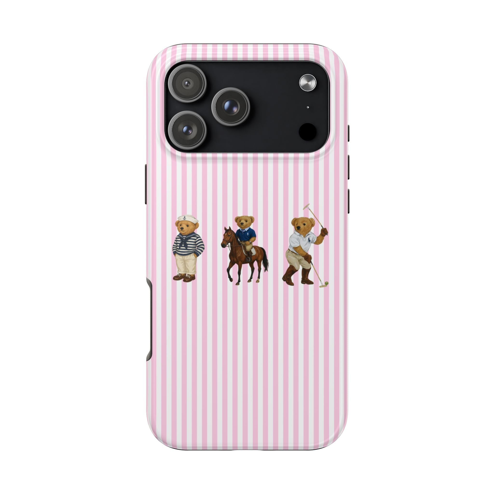Pink striped phone case with teddy bear trio and camera cutout
