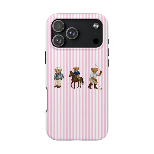 Pink striped phone case with teddy bear trio and camera cutout