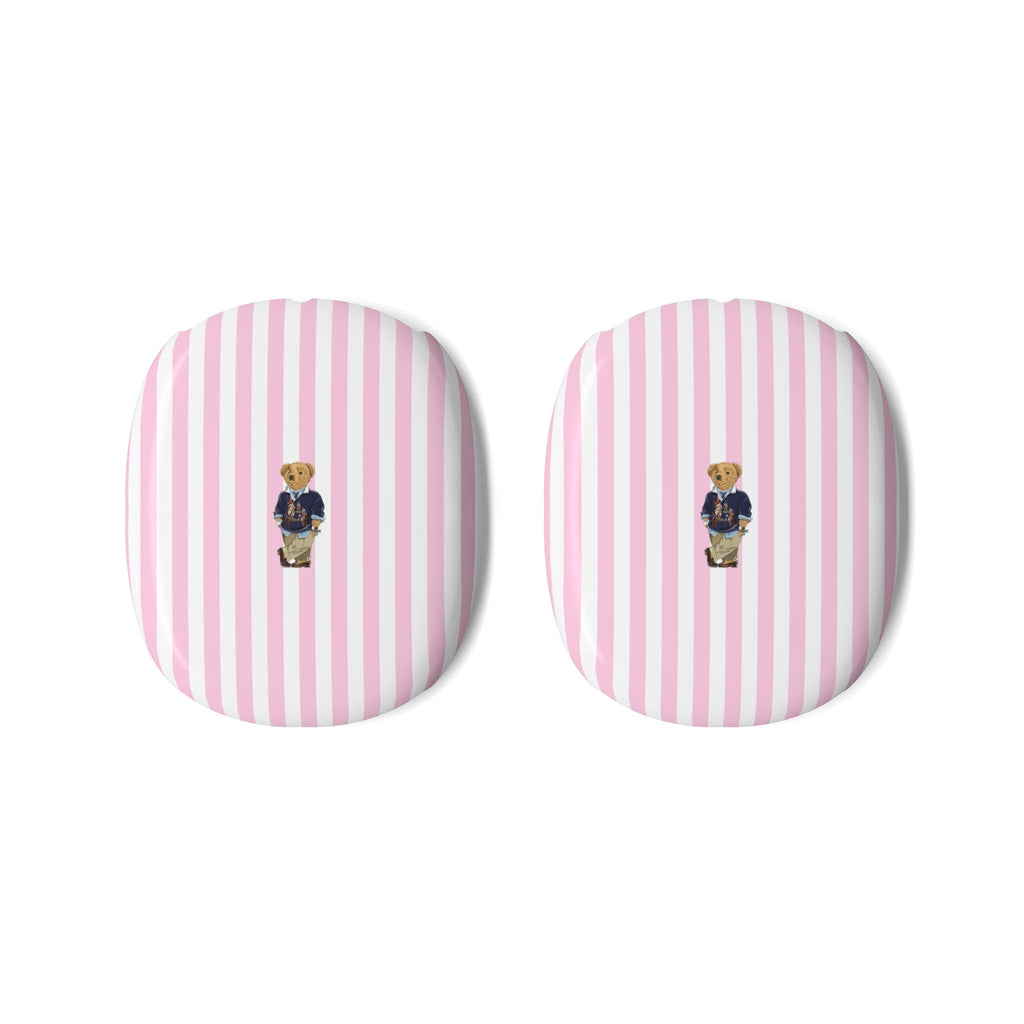 Pair of AirPods Max case covers, pink vertical stripes with teddy bear badge