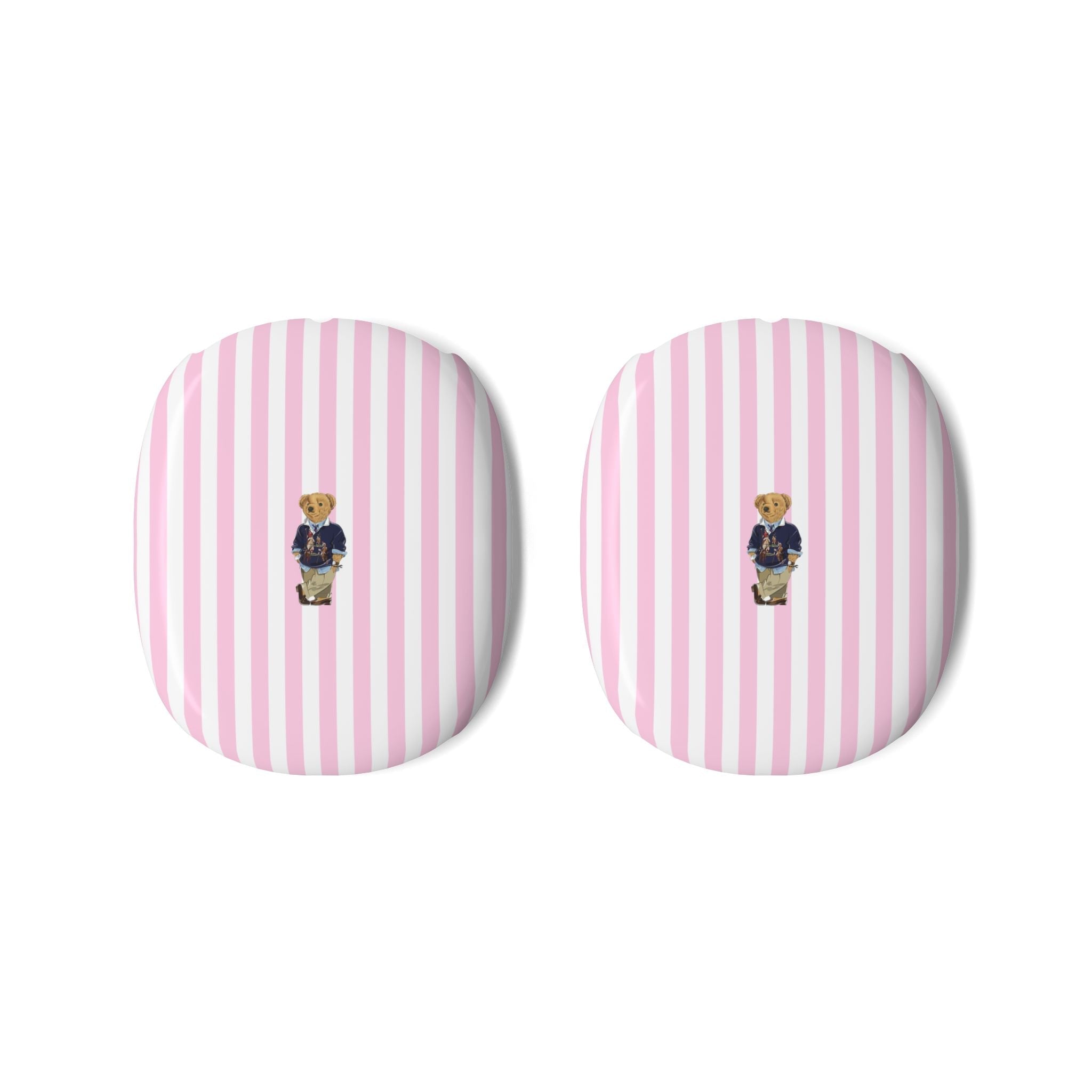 Pair of AirPods Max case covers, pink vertical stripes with teddy bear badge