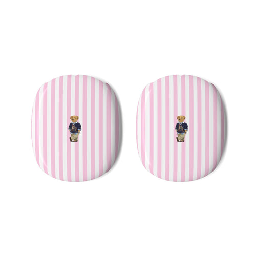 Pair of AirPods Max case covers, pink vertical stripes with teddy bear badge