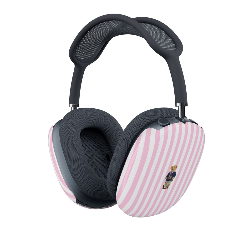AirPods Max case cover: pink striped teddy bear patch on dark ear cups
