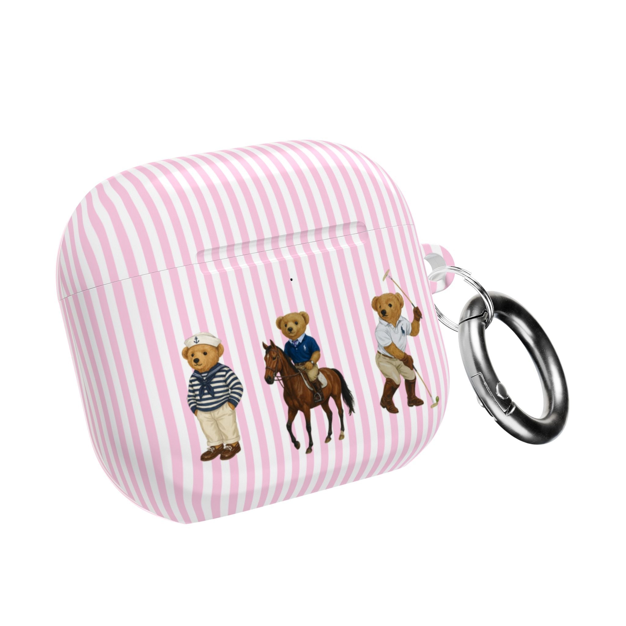 Pink striped AirPods case with teddy bear riders and metal keyring