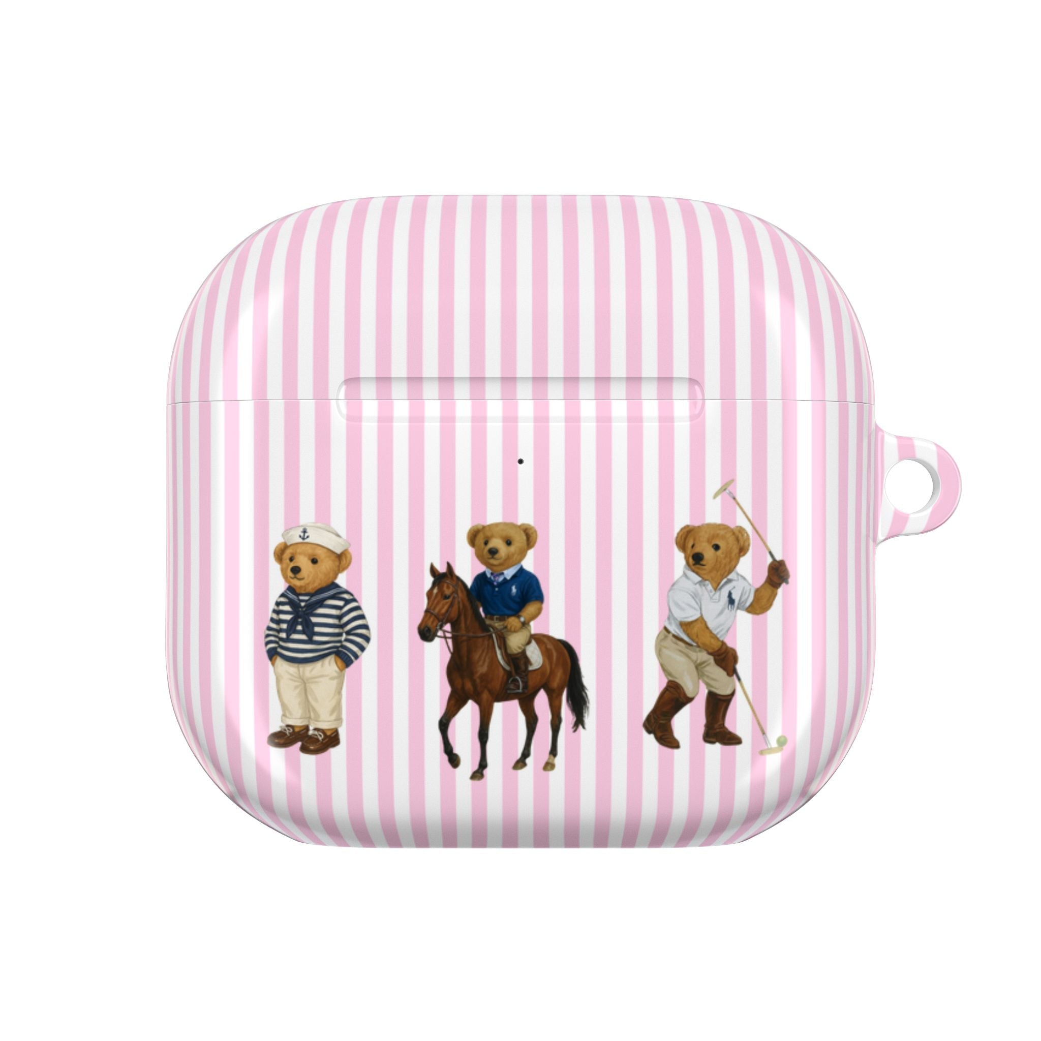 Pink striped AirPods case with three teddy bear character designs, front view