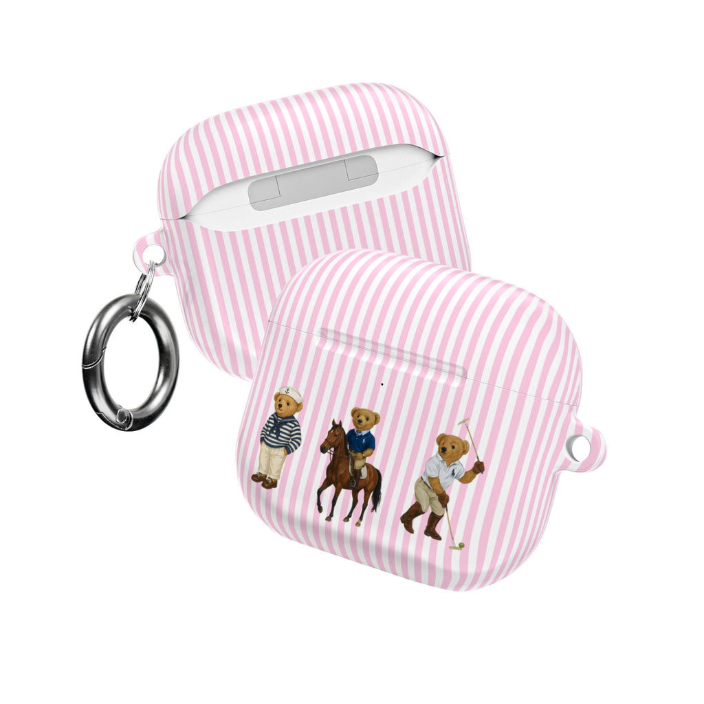 Pink striped AirPods case with teddy bear riders, side view with keyring
