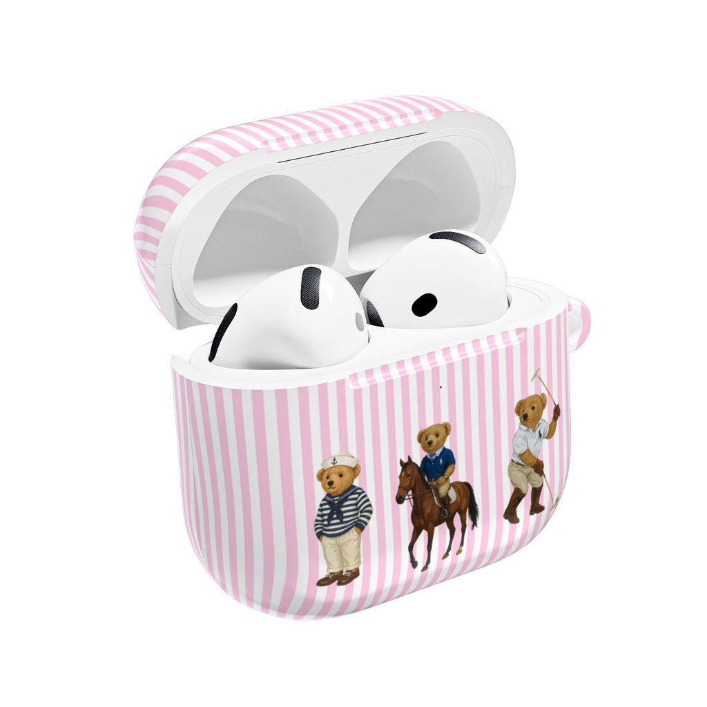 Pink striped AirPods case with teddy bear riders, open lid