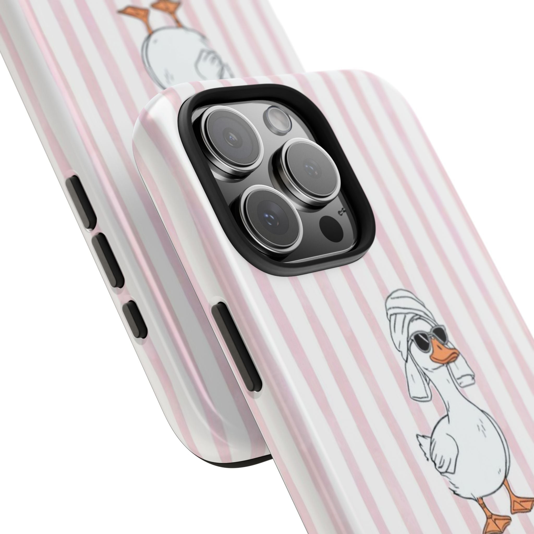 Pink striped duck phone case at angle, showing camera cutouts and side button openings