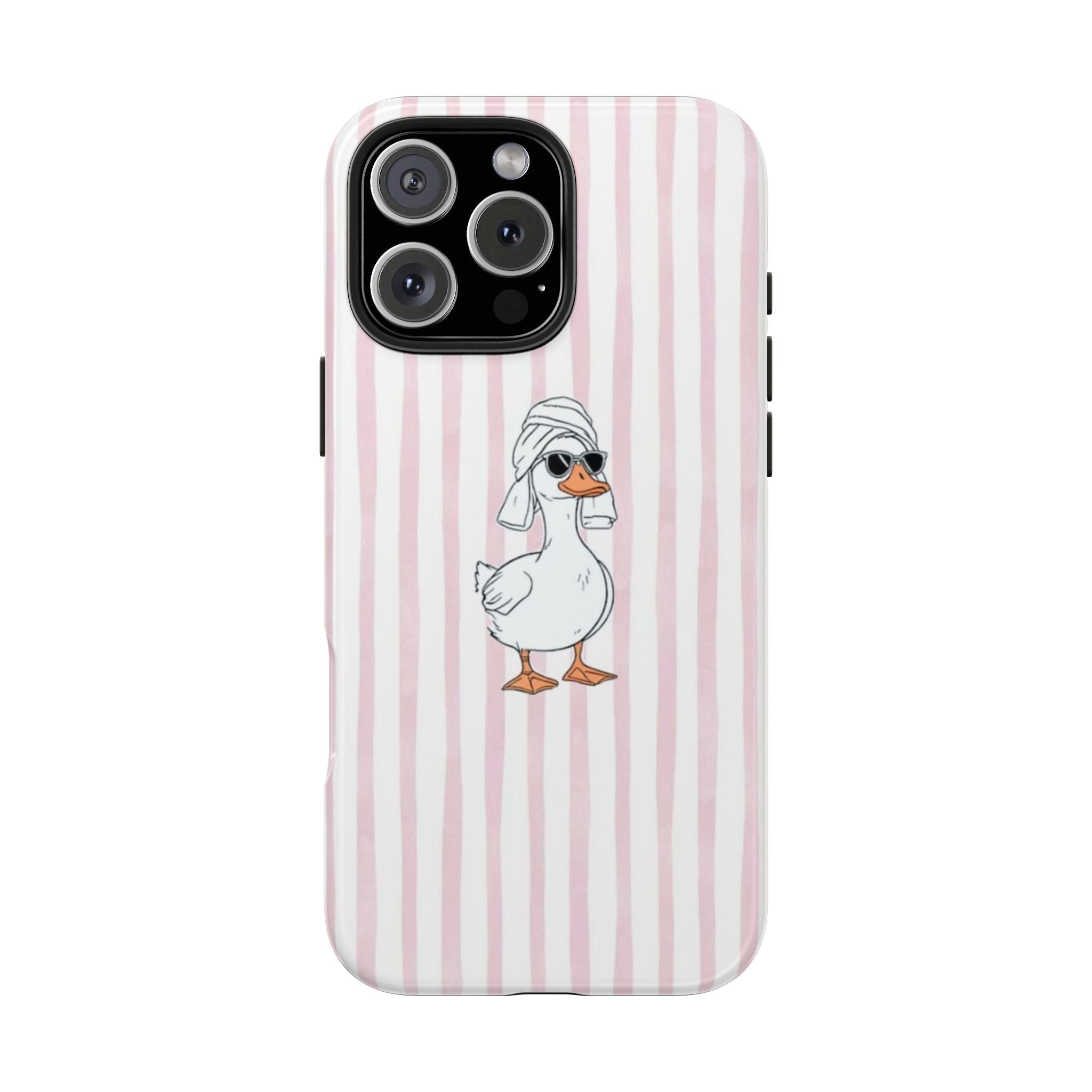 Pink striped duck phone case with cartoon bird graphic centered on the back