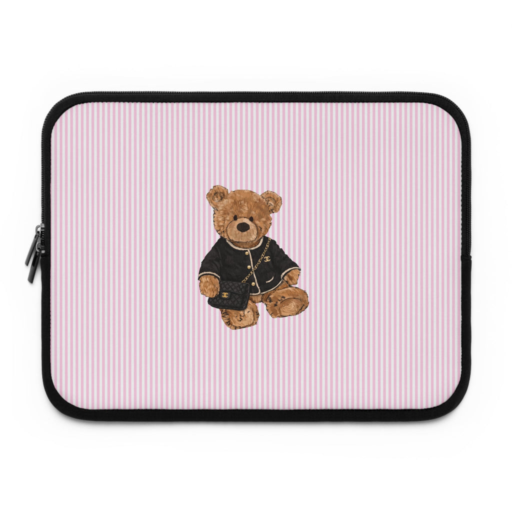 Pink striped device sleeve with teddy bear applique, black zip border
