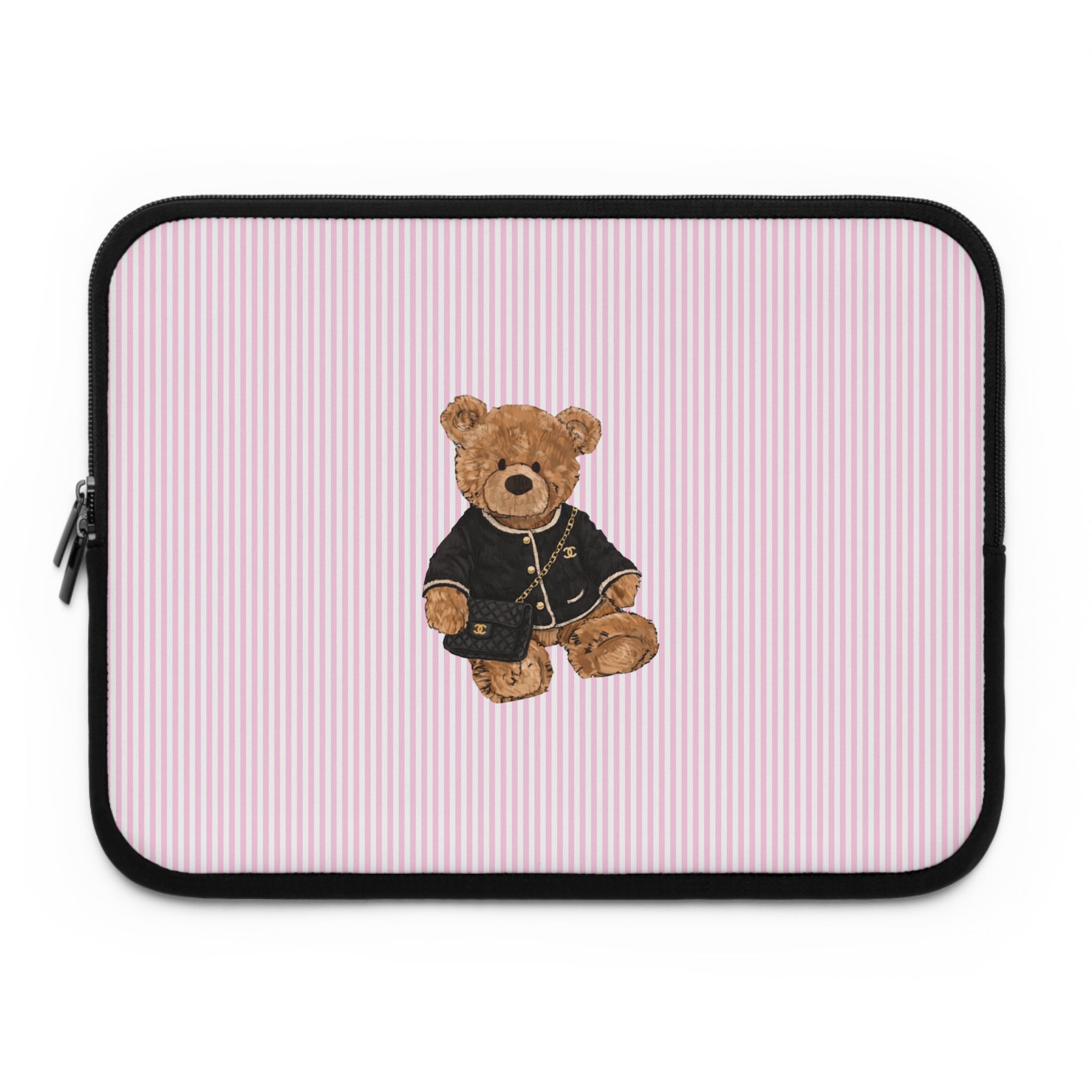 Pink striped device sleeve with teddy bear applique, black zip border