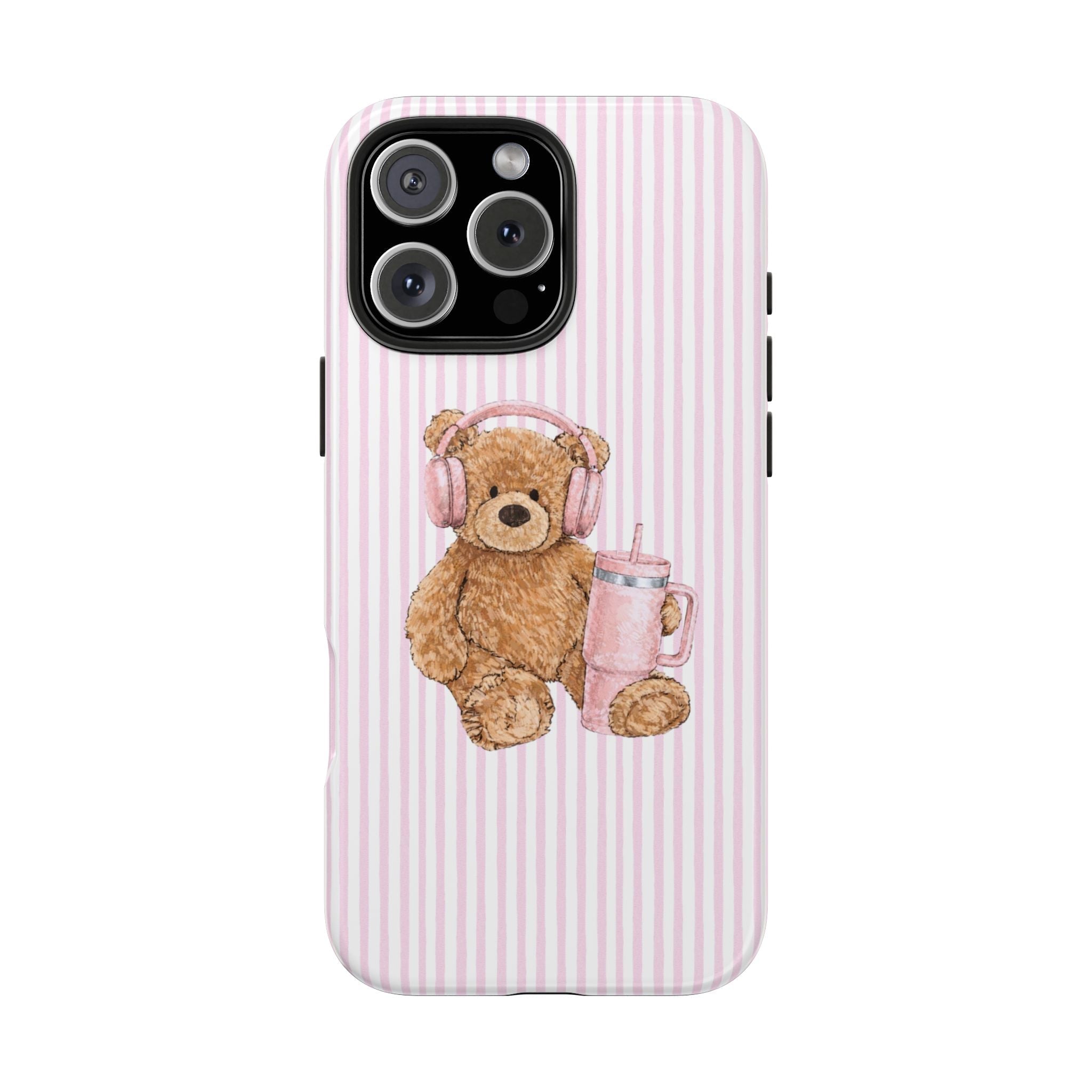 Pink striped phone case with teddy bear wearing headphones and holding a drink cup