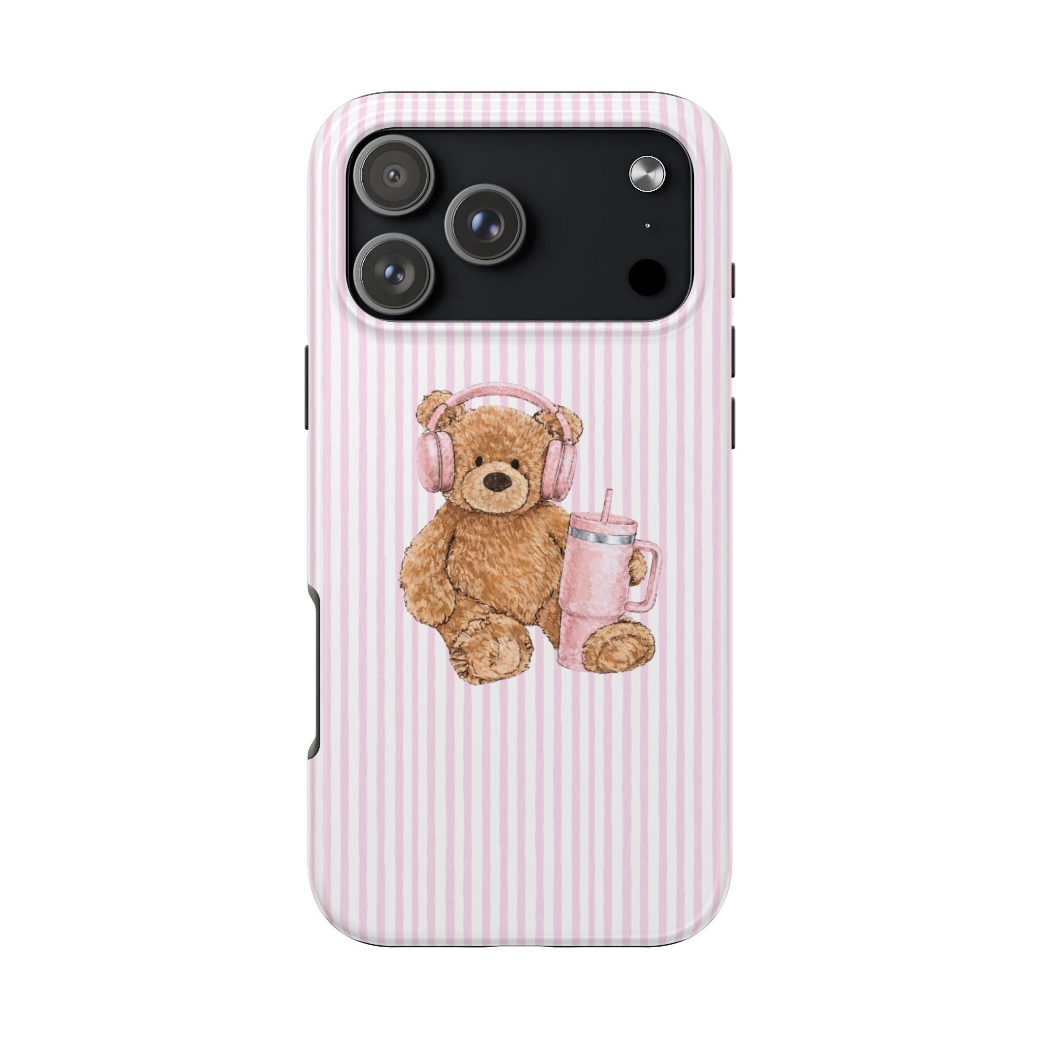 Pink striped phone case back view with teddy bear headphones and cup beside camera